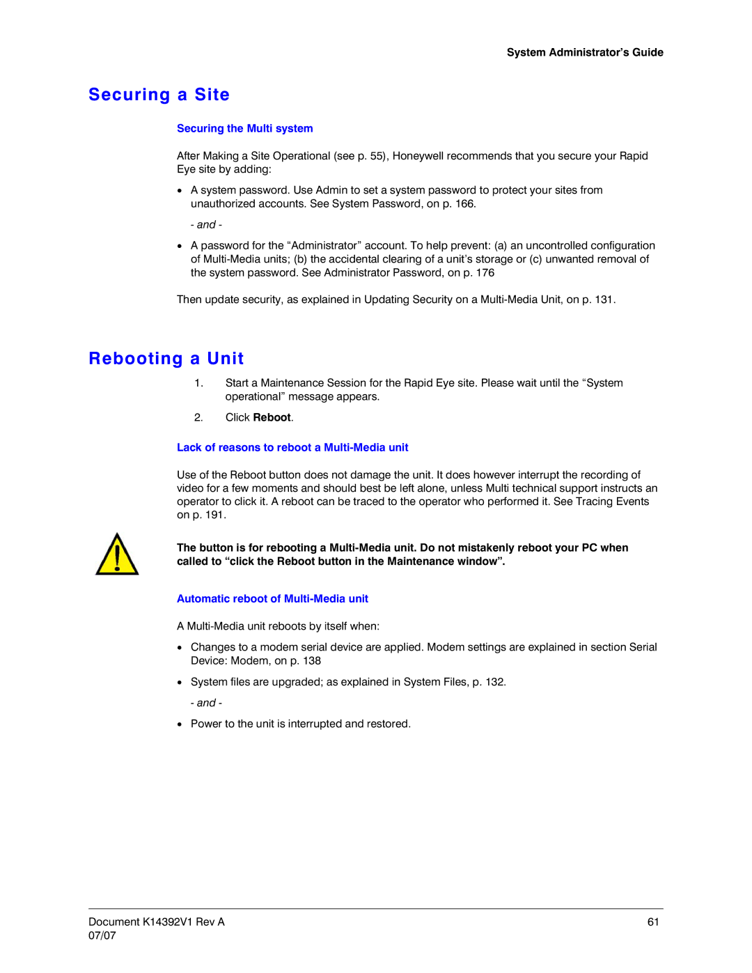 Honeywell K14392V1 Securing a Site, Rebooting a Unit, Securing the Multi system, Automatic reboot of Multi-Media unit 