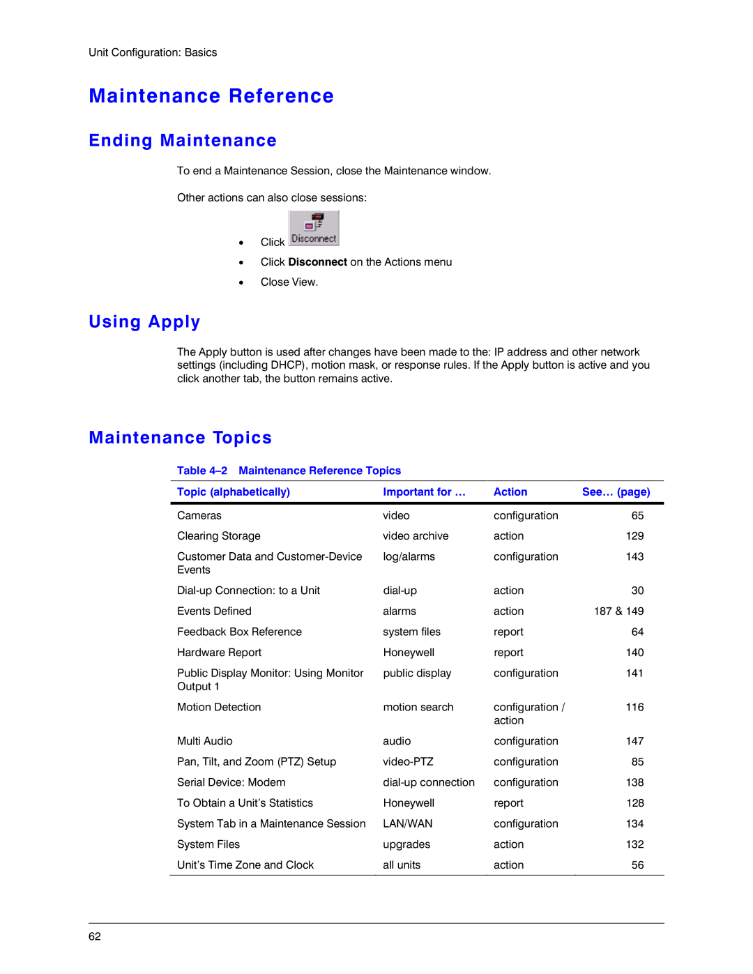 Honeywell K14392V1 manual Maintenance Reference, Ending Maintenance, Using Apply, Maintenance Topics 