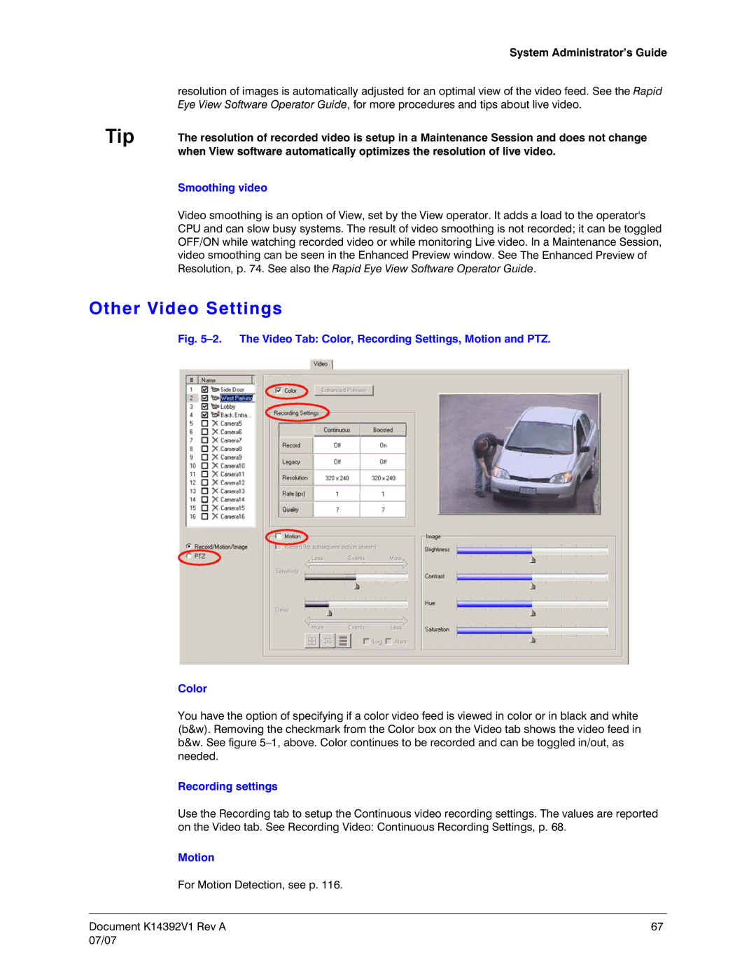 Honeywell K14392V1 manual Other Video Settings, Smoothing video, Recording settings, Motion 