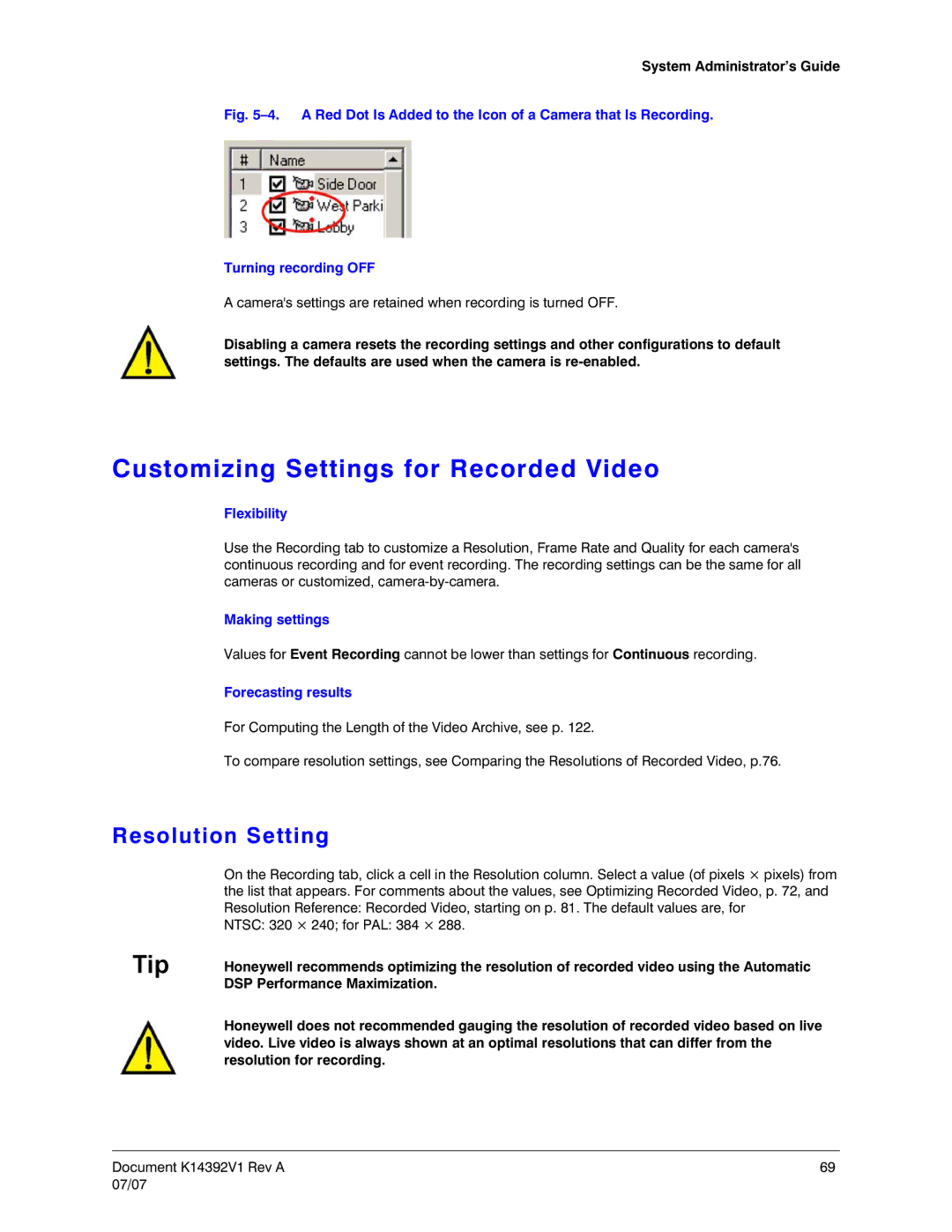 Honeywell K14392V1 manual Customizing Settings for Recorded Video, Resolution Setting, Making settings, Forecasting results 