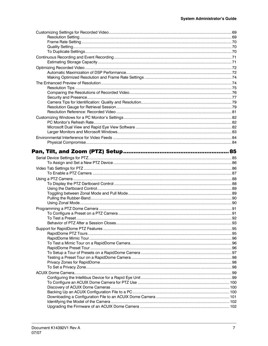 Honeywell K14392V1 manual Pan, Tilt, and Zoom PTZ Setup, System Administrator’s Guide 