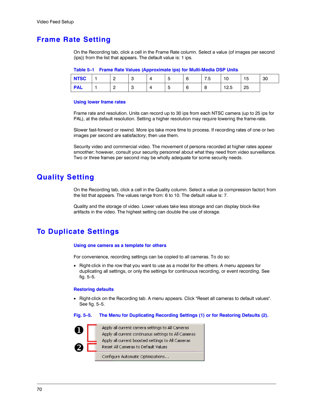 Honeywell K14392V1 manual Frame Rate Setting, Quality Setting, To Duplicate Settings 