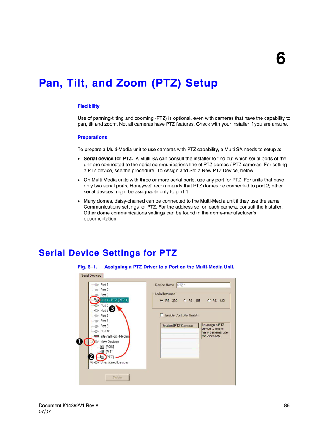 Honeywell K14392V1 manual Pan, Tilt, and Zoom PTZ Setup, Serial Device Settings for PTZ 