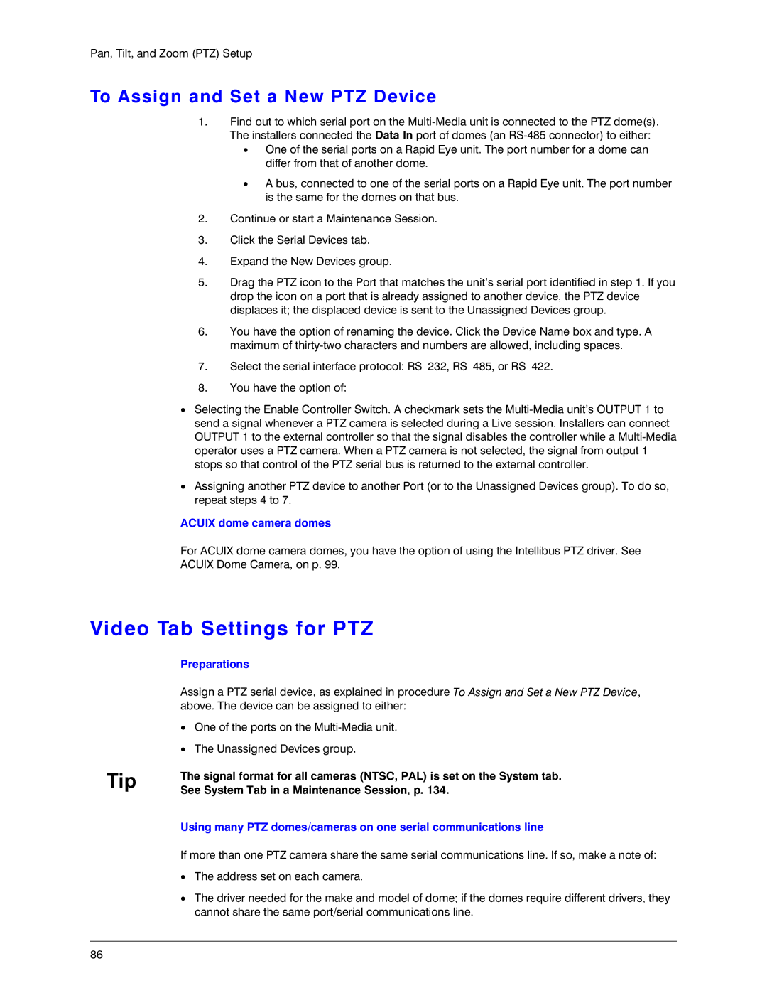 Honeywell K14392V1 manual Video Tab Settings for PTZ, To Assign and Set a New PTZ Device, Acuix dome camera domes 