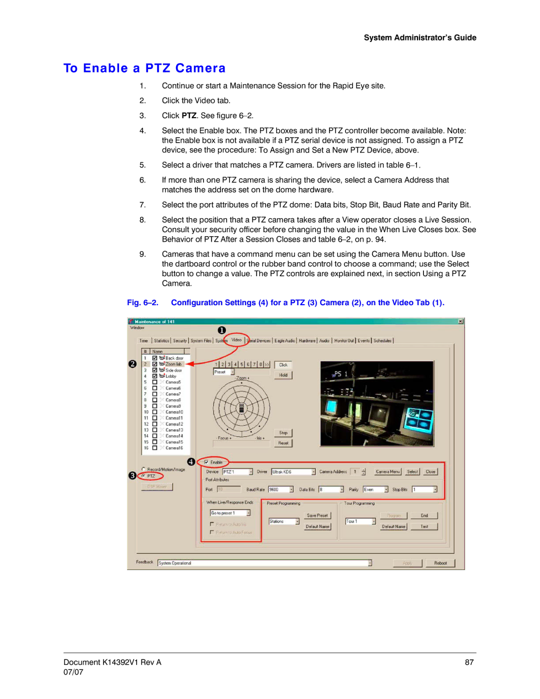 Honeywell K14392V1 manual To Enable a PTZ Camera, System Administrator’s Guide 