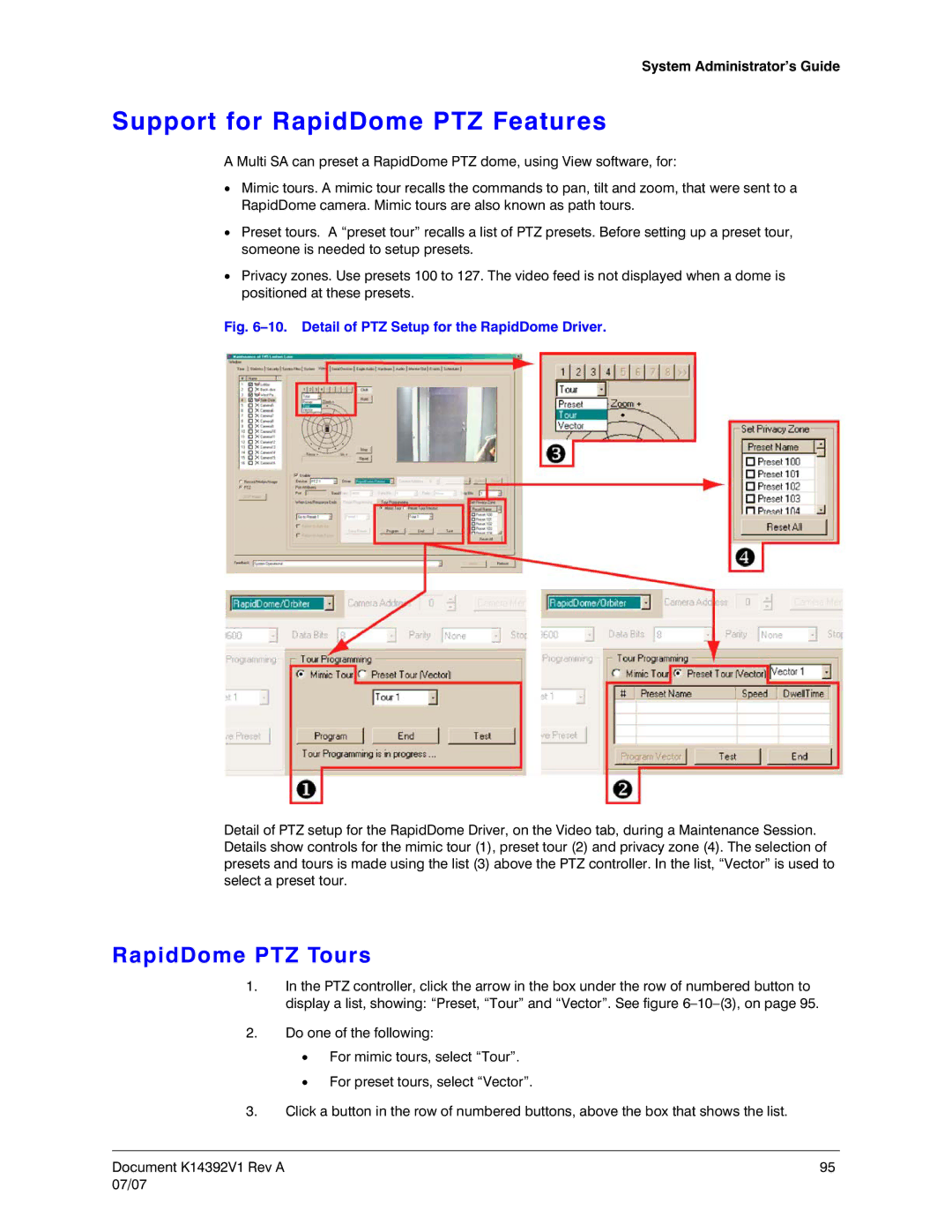 Honeywell K14392V1 manual Support for RapidDome PTZ Features, RapidDome PTZ Tours 