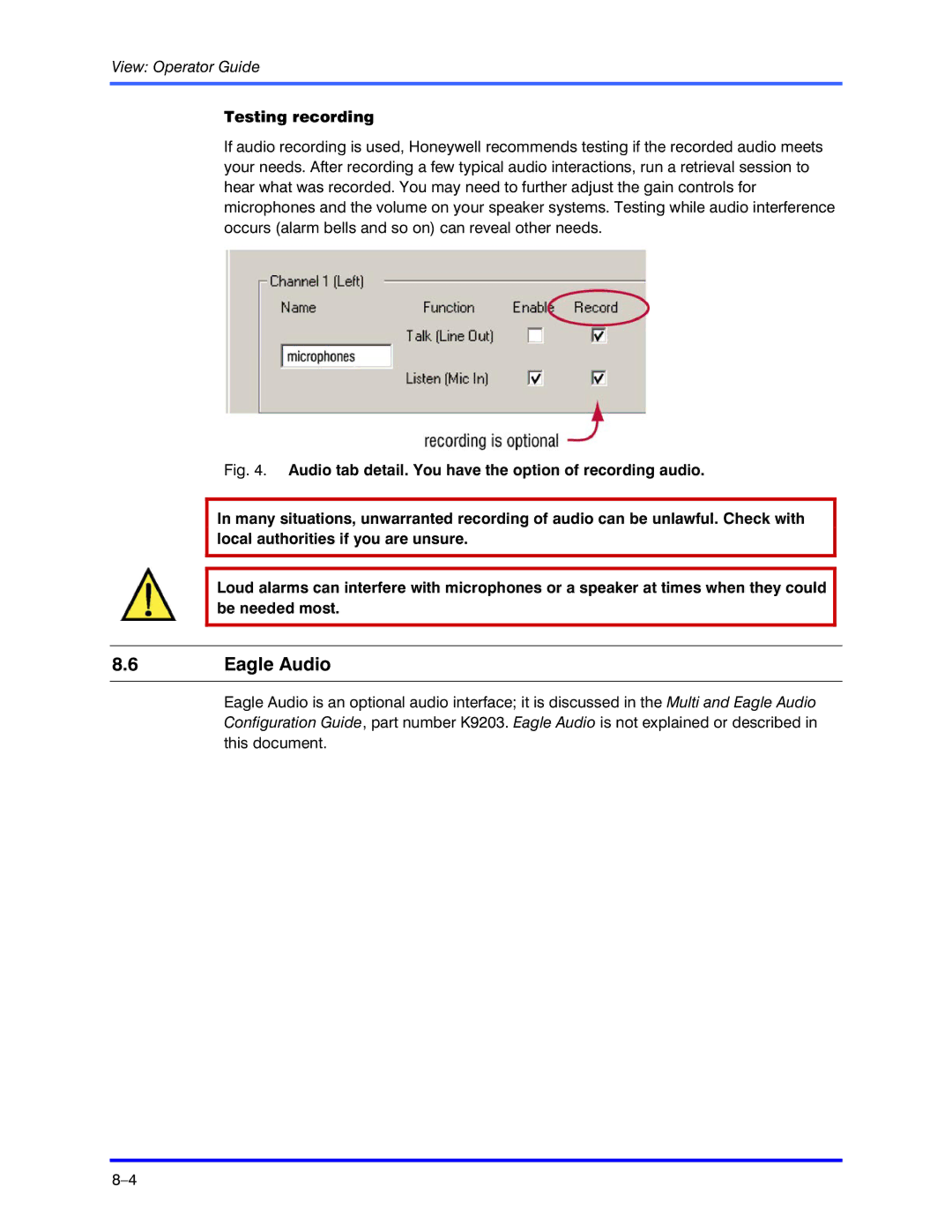 Honeywell K5404V9 manual Eagle Audio, Testing recording 