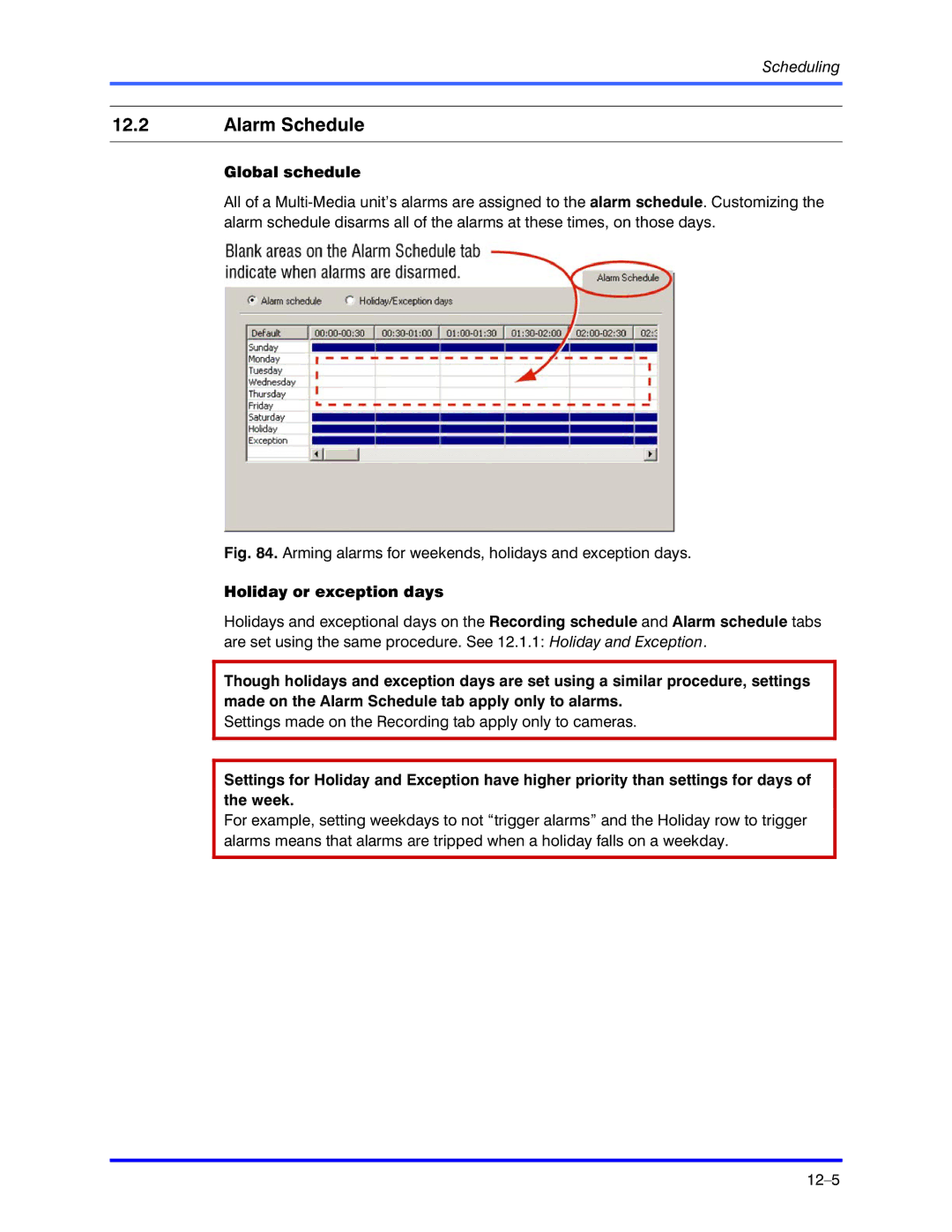 Honeywell K5404V9 manual Alarm Schedule, Global schedule, Holiday or exception days 