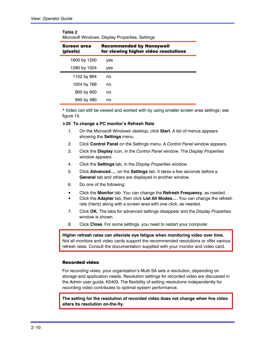 Honeywell K5404V9 manual To change a PC monitor’s Refresh Rate, Recorded video 