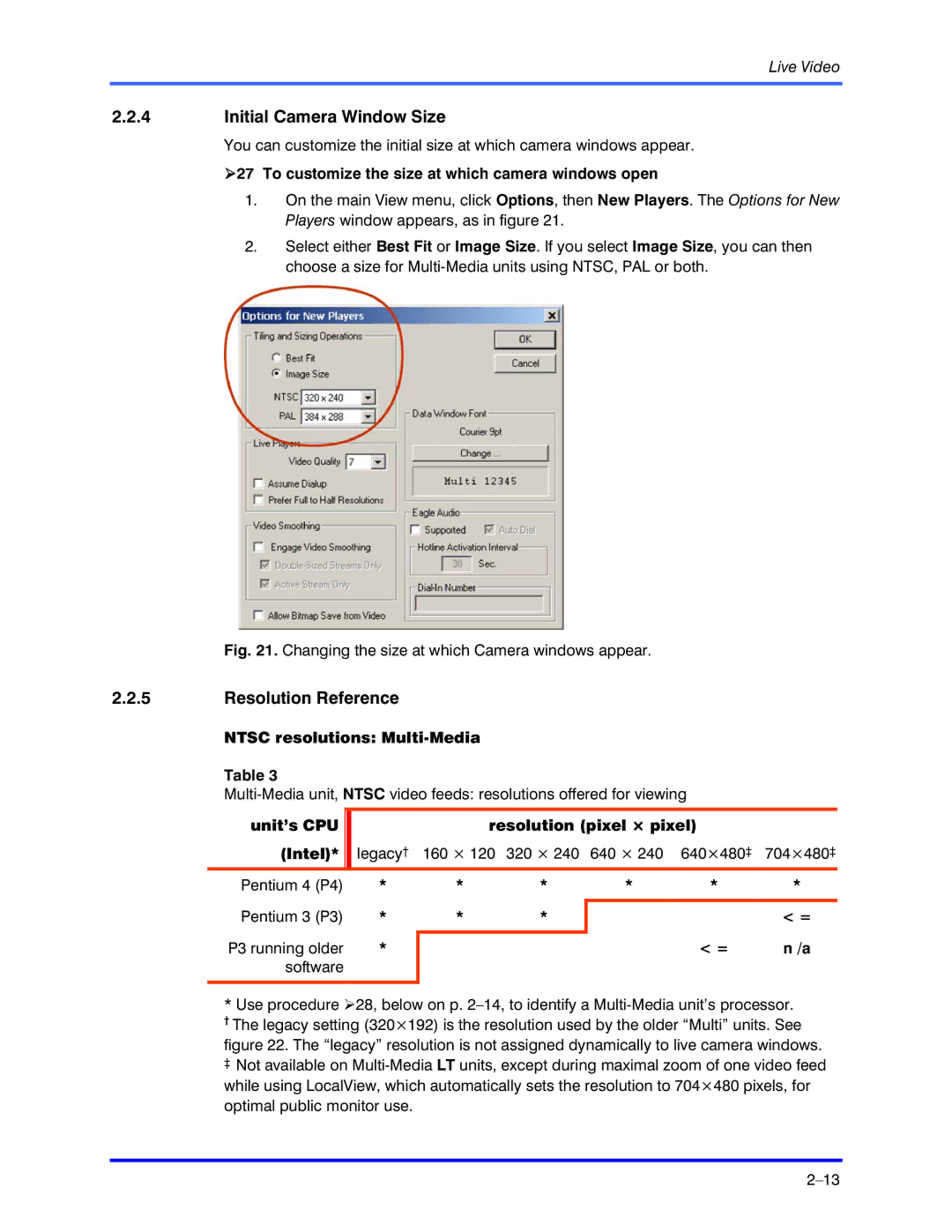 Honeywell K5404V9 Initial Camera Window Size, Resolution Reference, To customize the size at which camera windows open 