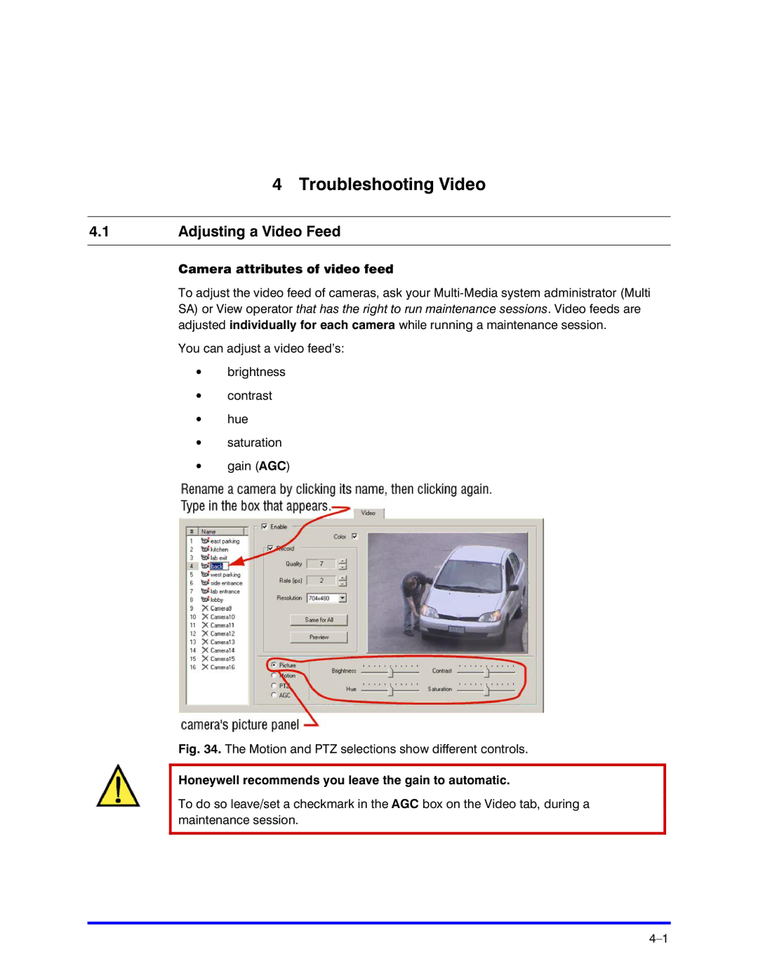 Honeywell K5404V9 manual Troubleshooting Video, Adjusting a Video Feed, Camera attributes of video feed 