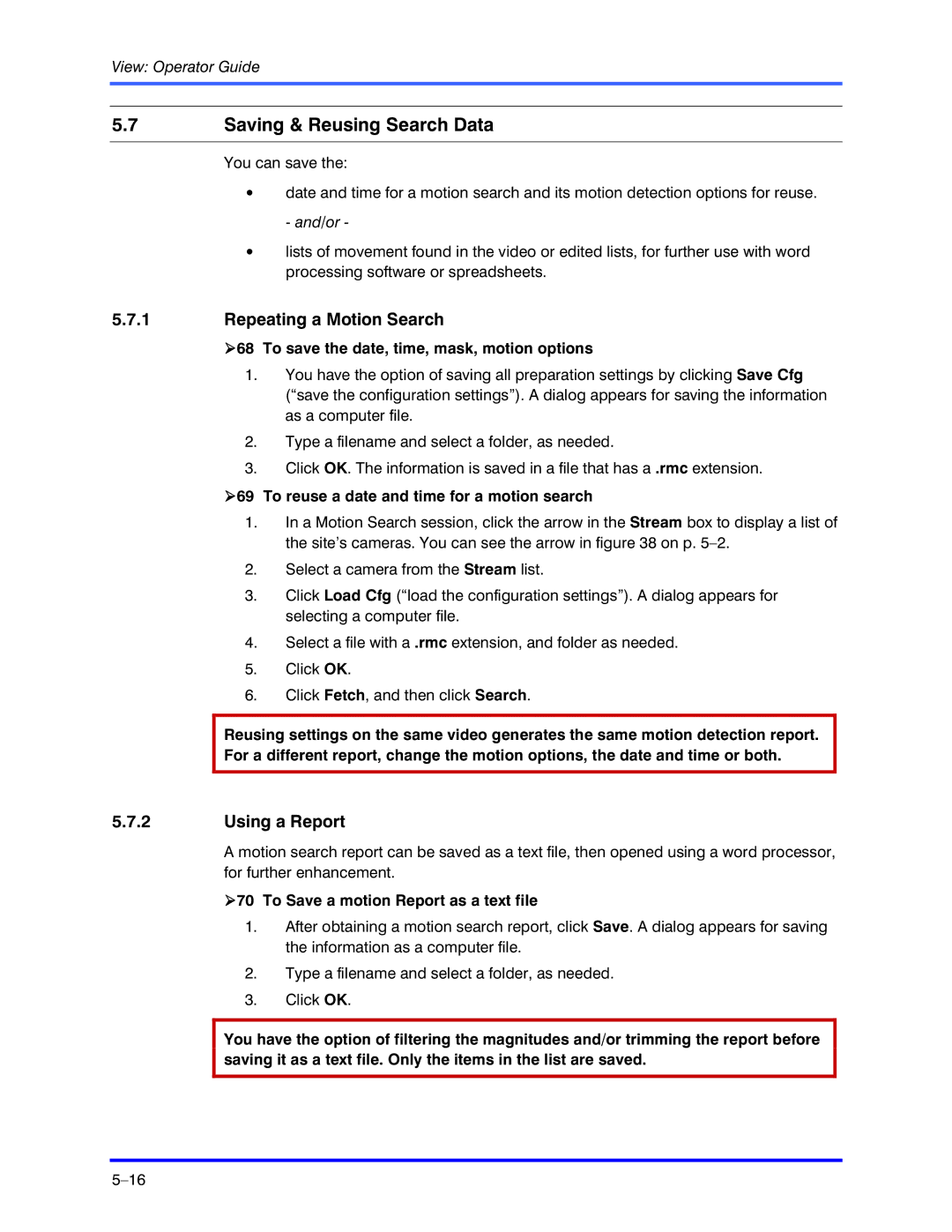 Honeywell K5404V9 manual Saving & Reusing Search Data, Repeating a Motion Search, Using a Report 