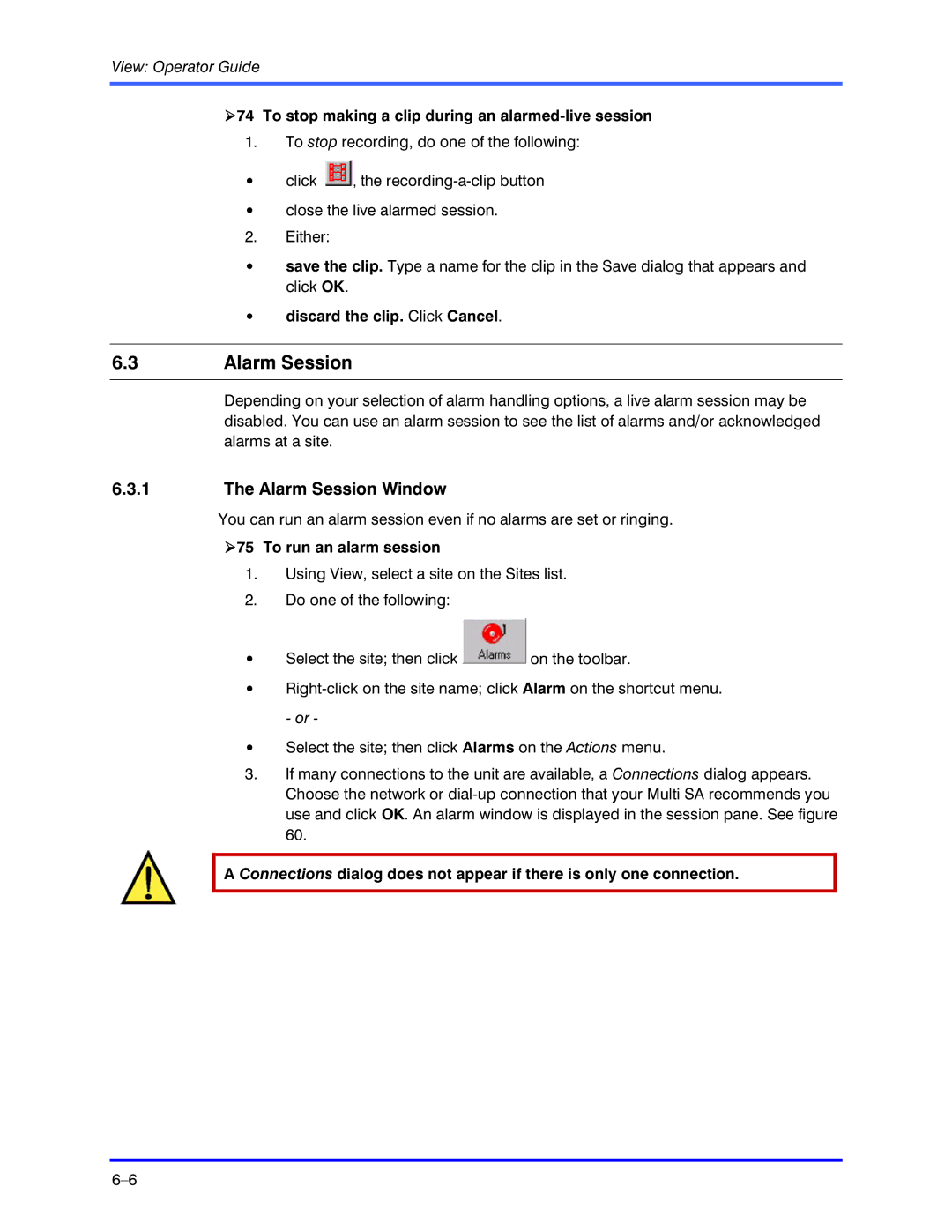 Honeywell K5404V9 Alarm Session Window, To stop making a clip during an alarmed-live session, To run an alarm session 