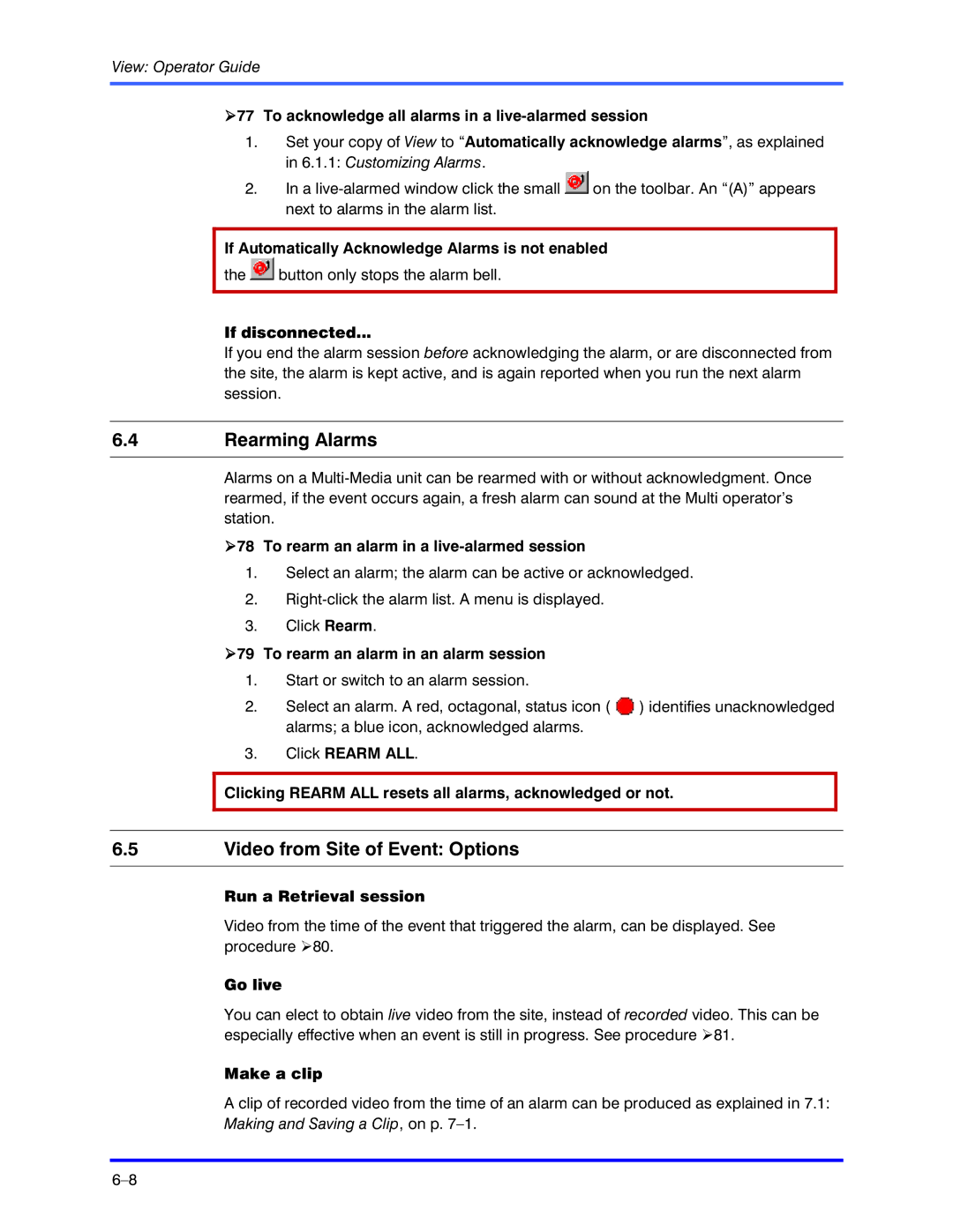 Honeywell K5404V9 manual Rearming Alarms, Video from Site of Event Options 