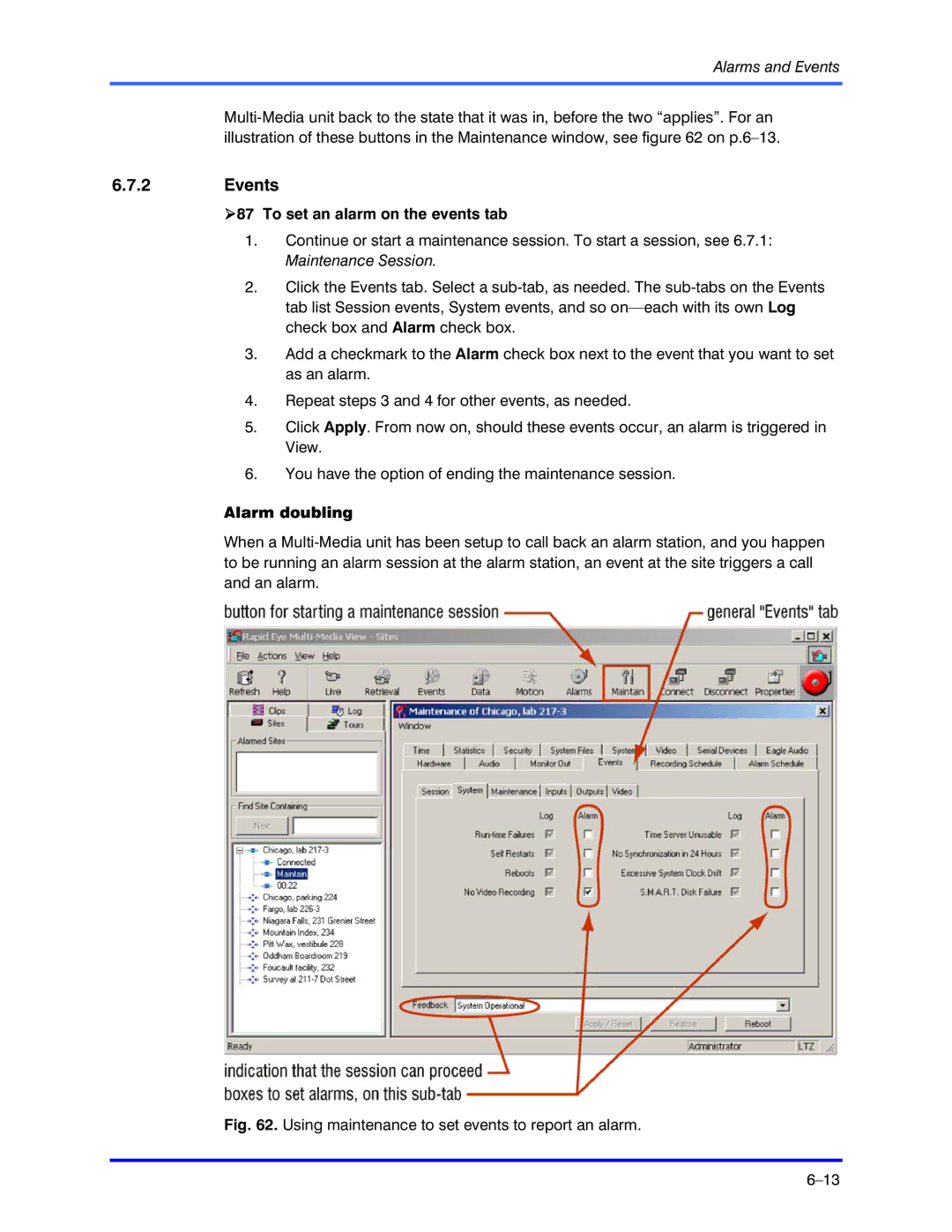 Honeywell K5404V9 manual Events, To set an alarm on the events tab, Alarm doubling 