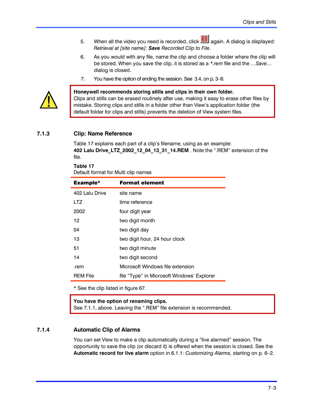 Honeywell K5404V9 manual Clip Name Reference, Automatic Clip of Alarms, Example Format element 