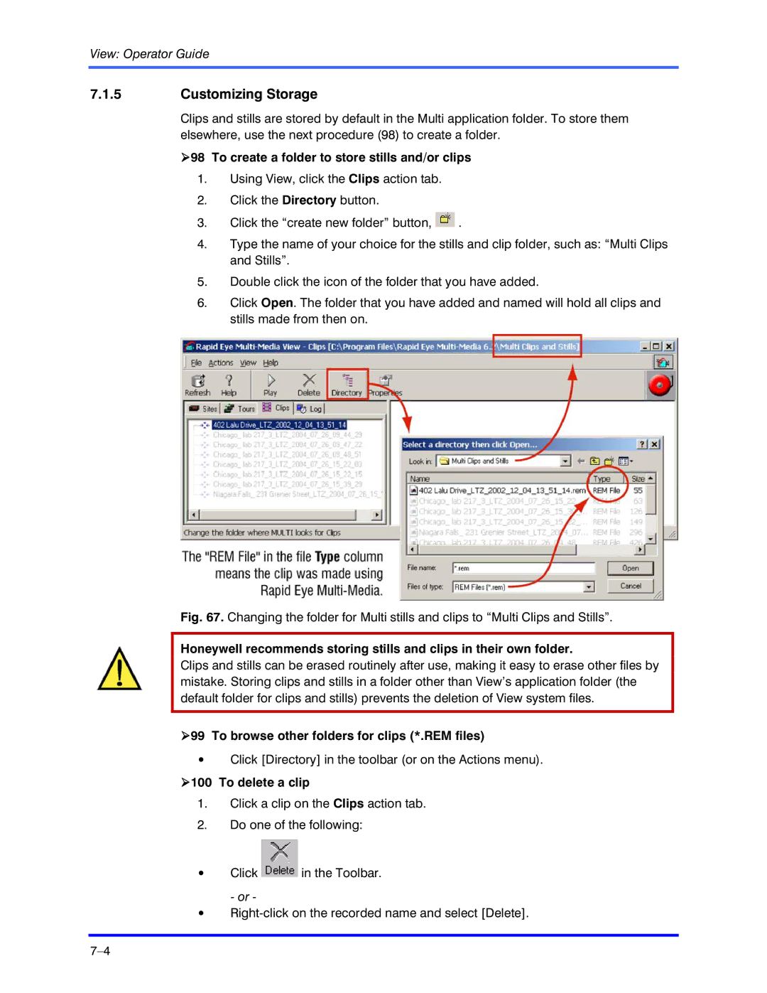 Honeywell K5404V9 manual Customizing Storage, To create a folder to store stills and/or clips, To delete a clip 