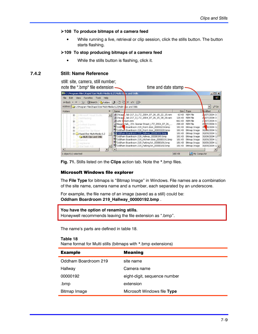 Honeywell K5404V9 Still Name Reference, To produce bitmaps of a camera feed, To stop producing bitmaps of a camera feed 