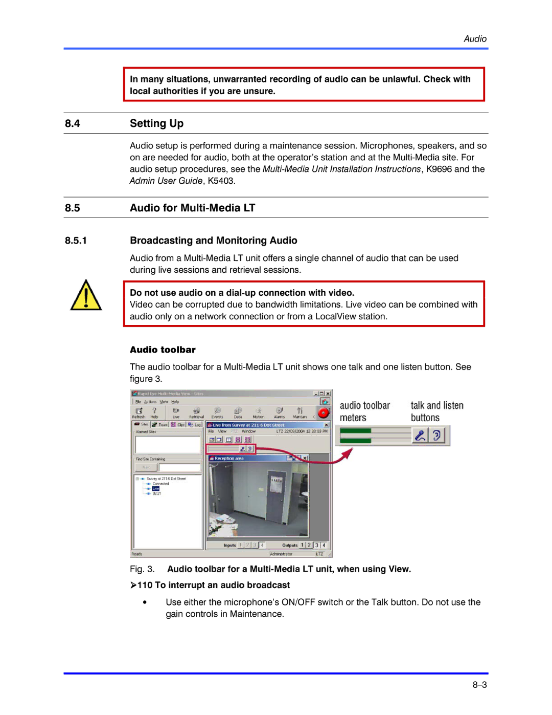 Honeywell K5404V9 manual Setting Up, Audio for Multi-Media LT, Broadcasting and Monitoring Audio, Audio toolbar 