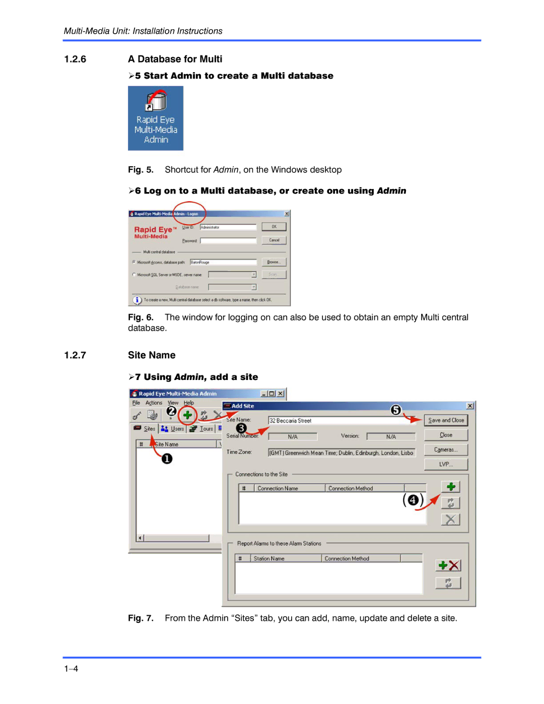 Honeywell K9696V2 Database for Multi, Site Name, Start Admin to create a Multi database, Using Admin, add a site 