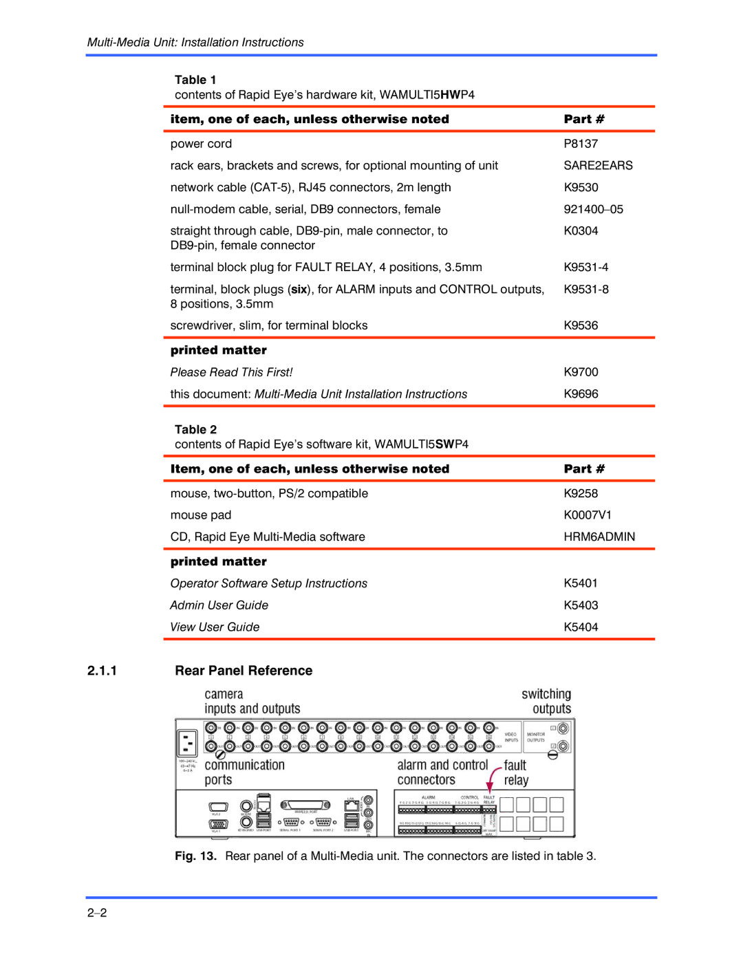 Honeywell K9696V2 installation instructions Rear Panel Reference, Item, one of each, unless otherwise noted, Printed matter 