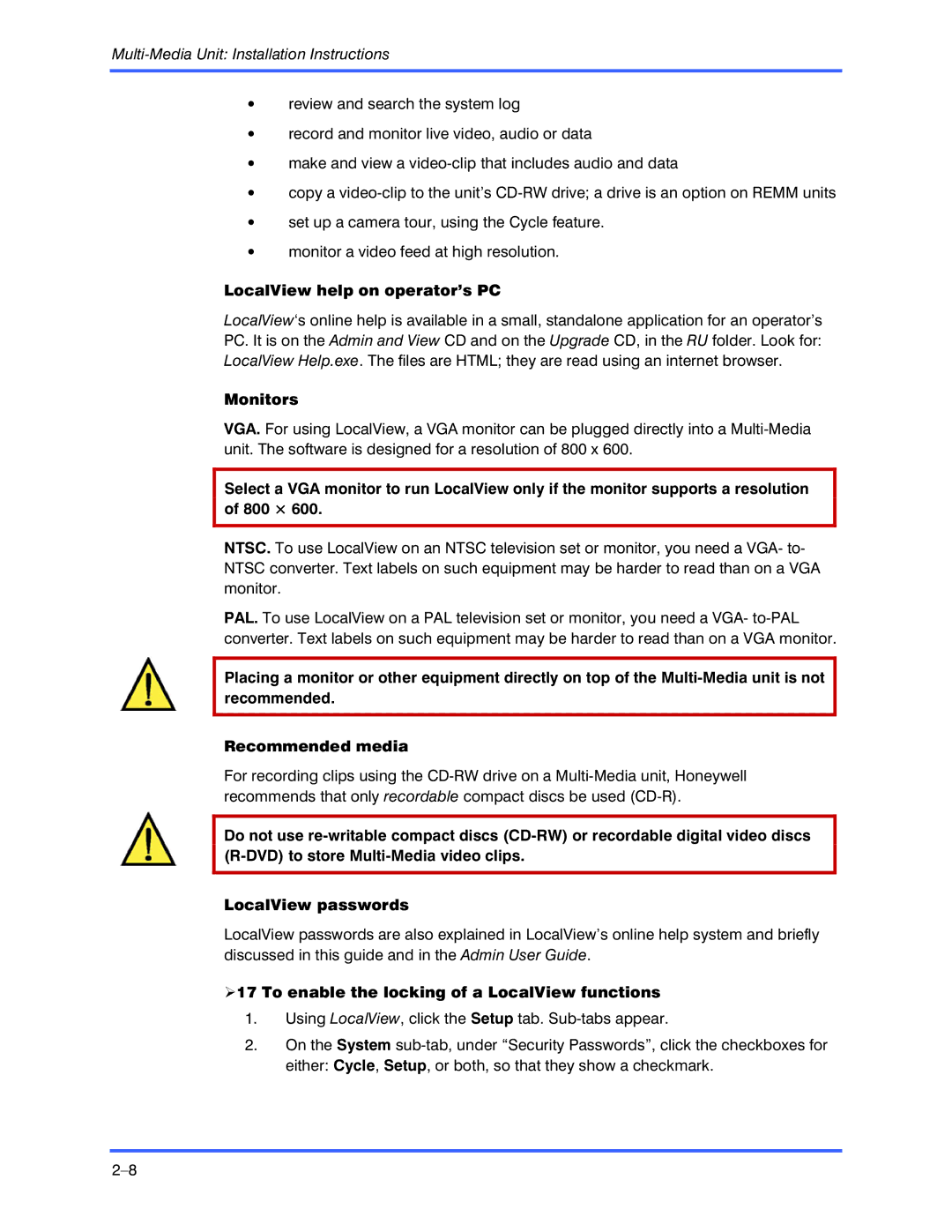 Honeywell K9696V2 LocalView help on operator’s PC, Monitors, To enable the locking of a LocalView functions 