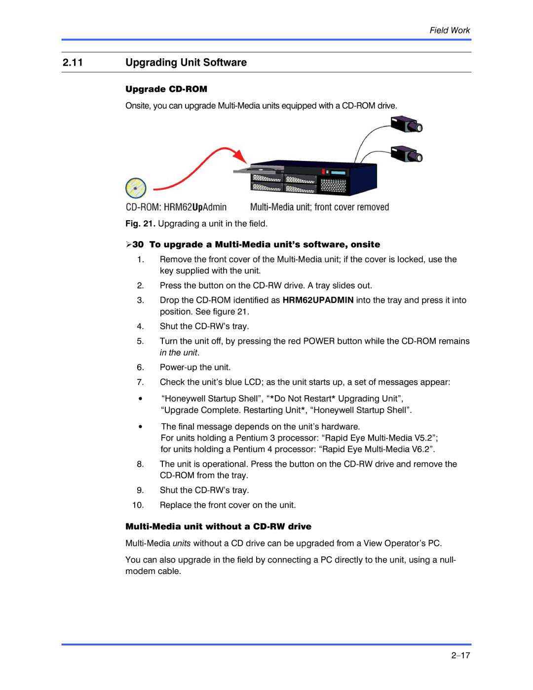 Honeywell K9696V2 Upgrading Unit Software, Upgrade CD-ROM, To upgrade a Multi-Media unit’s software, onsite 