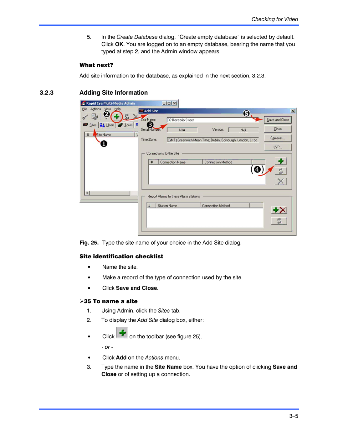 Honeywell K9696V2 Adding Site Information, Site identification checklist, Click Save and Close To name a site 