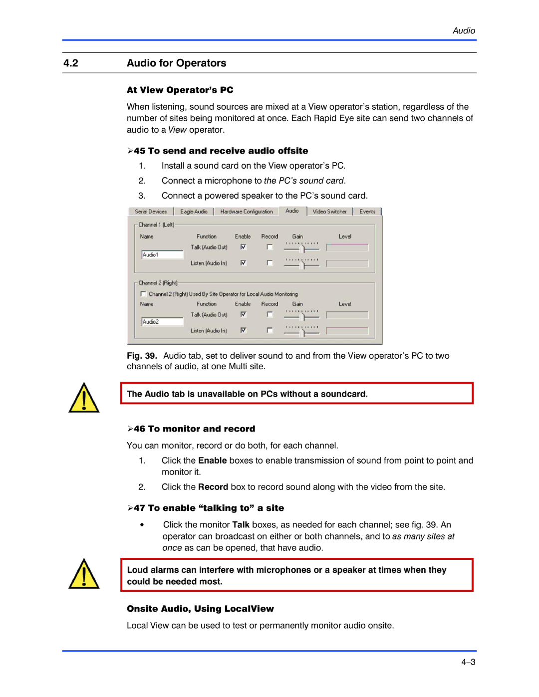 Honeywell K9696V2 installation instructions Audio for Operators, At View Operator’s PC, To send and receive audio offsite 