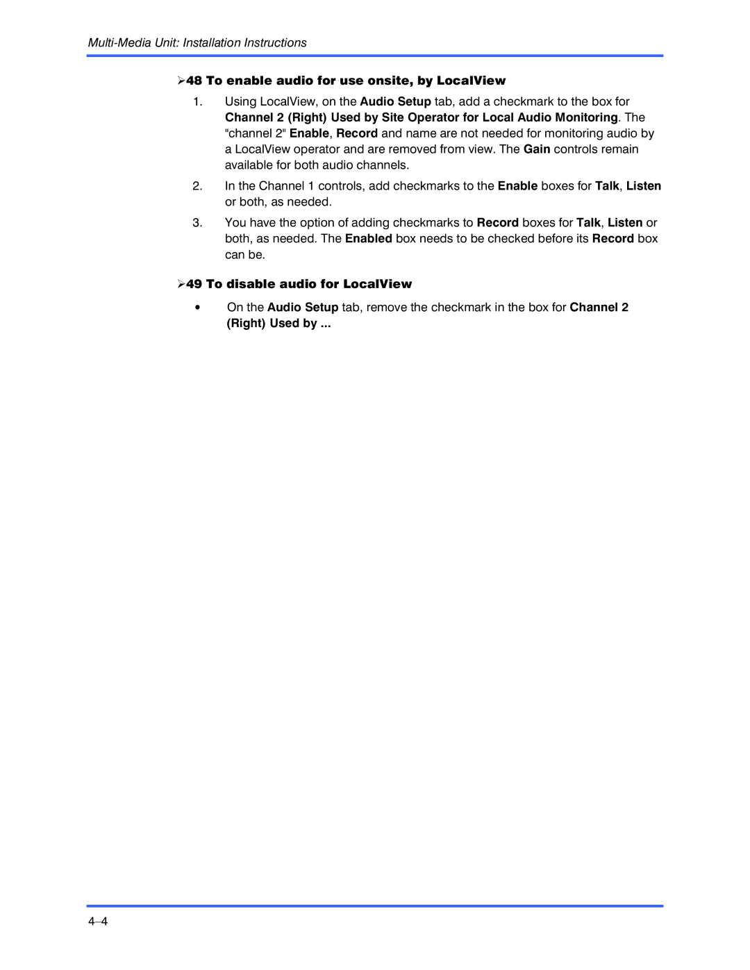 Honeywell K9696V2 installation instructions To enable audio for use onsite, by LocalView, To disable audio for LocalView 