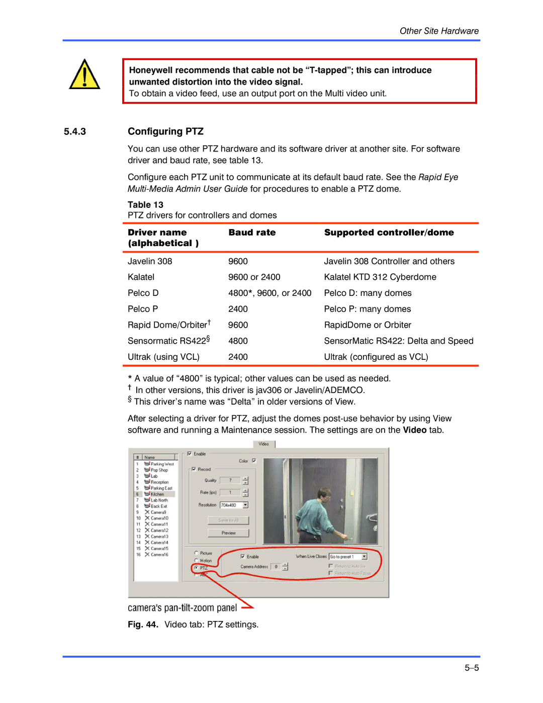 Honeywell K9696V2 installation instructions Configuring PTZ, Driver name Baud rate Supported controller/dome Alphabetical 