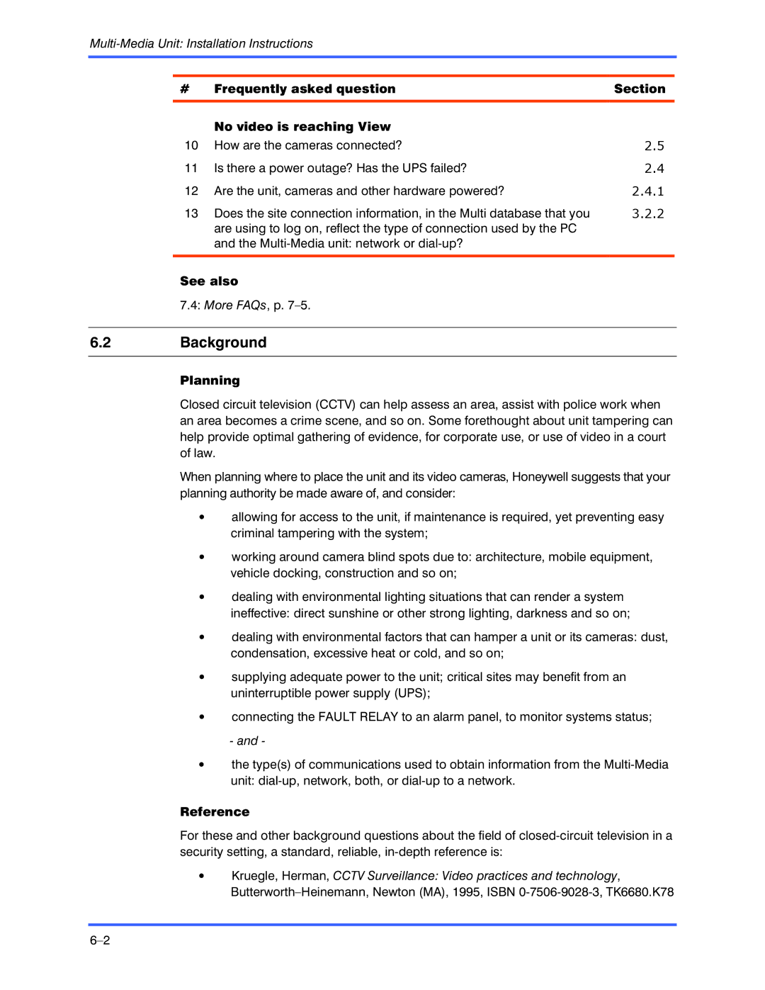 Honeywell K9696V2 Background, Frequently asked question Section No video is reaching View, See also, Planning 