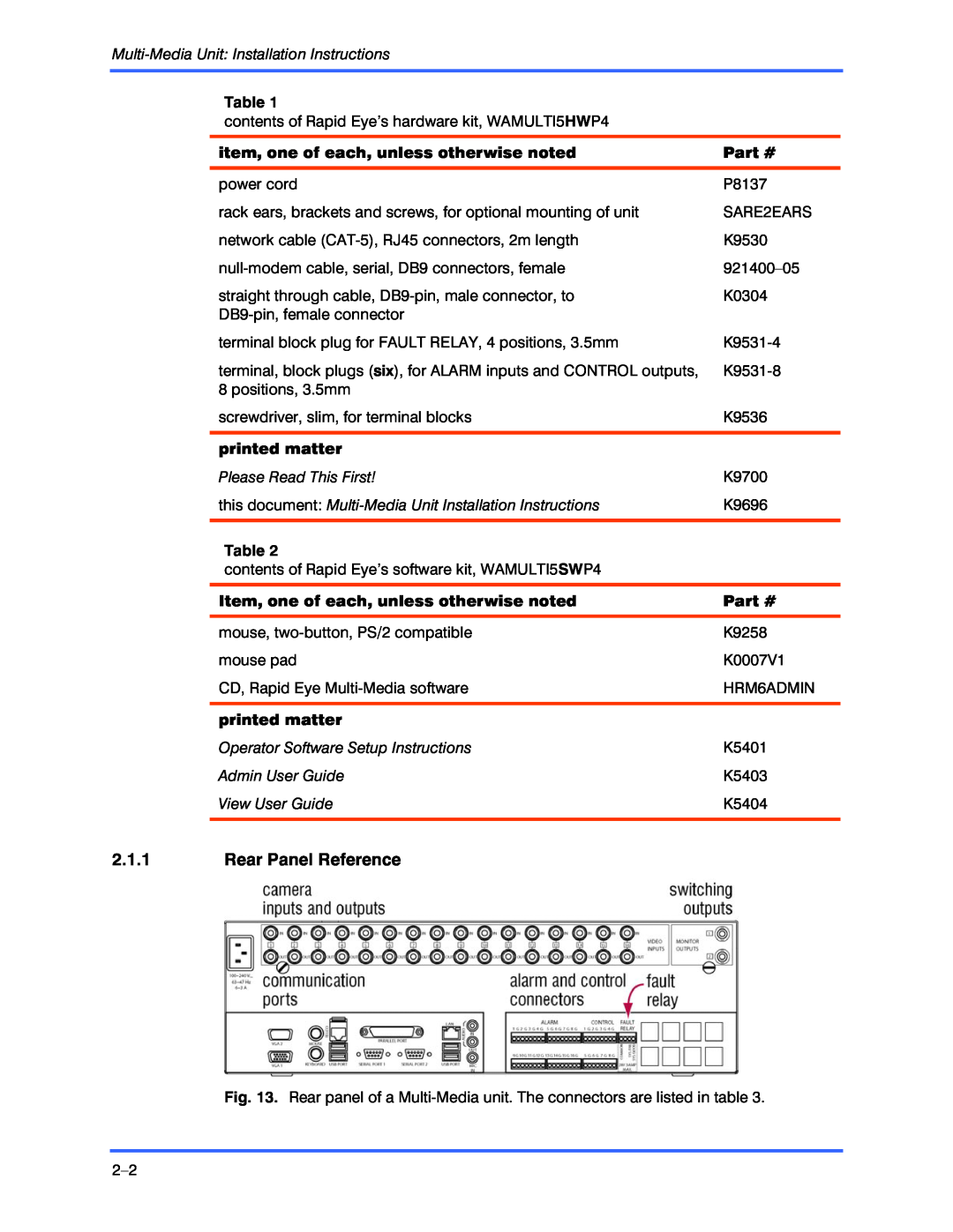 Honeywell K9696V2 2.1.1Rear Panel Reference, item, one of each, unless otherwise noted, Part #, printed matter, Table 