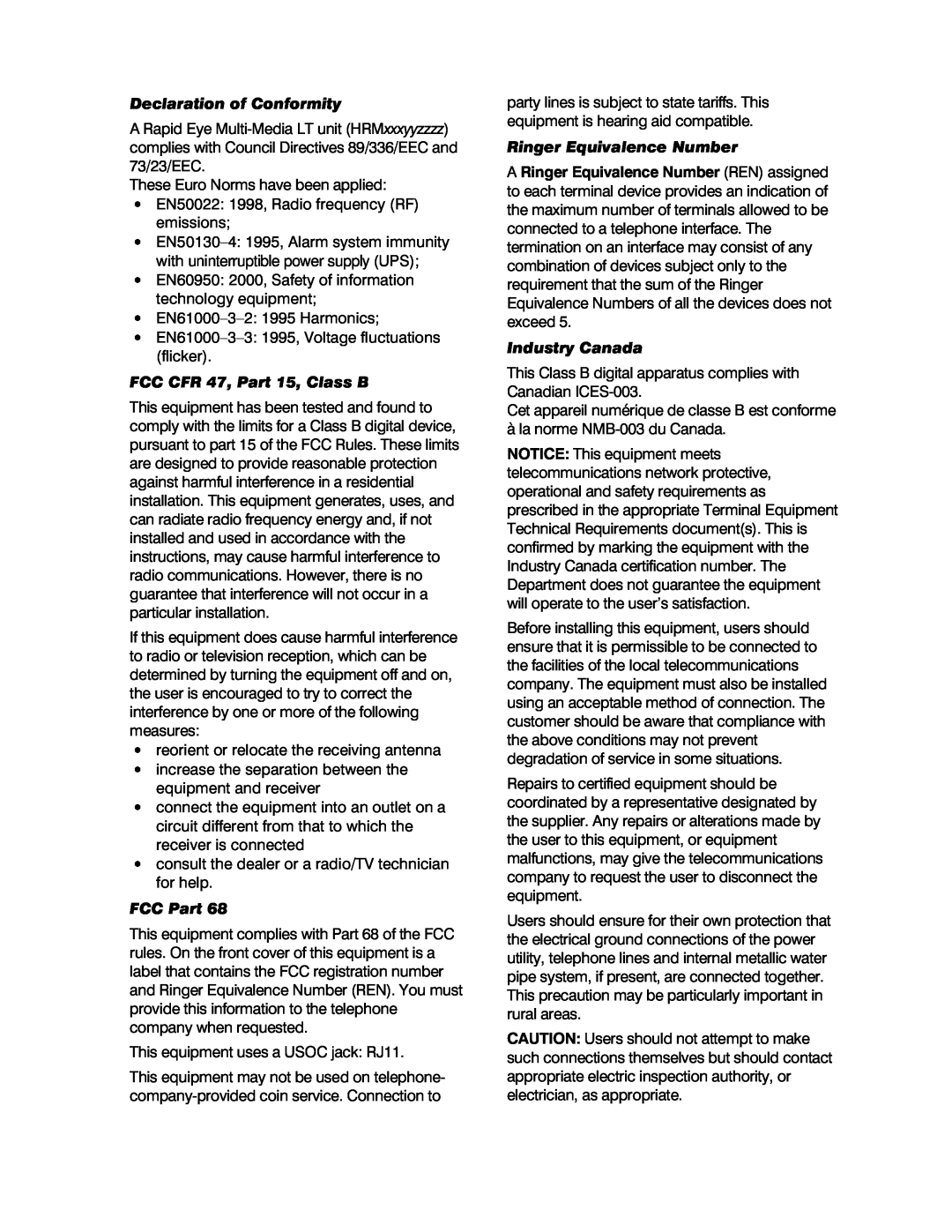 Honeywell K9696V2 Declaration of Conformity, FCC CFR 47, Part 15, Class B, FCC Part, Ringer Equivalence Number 