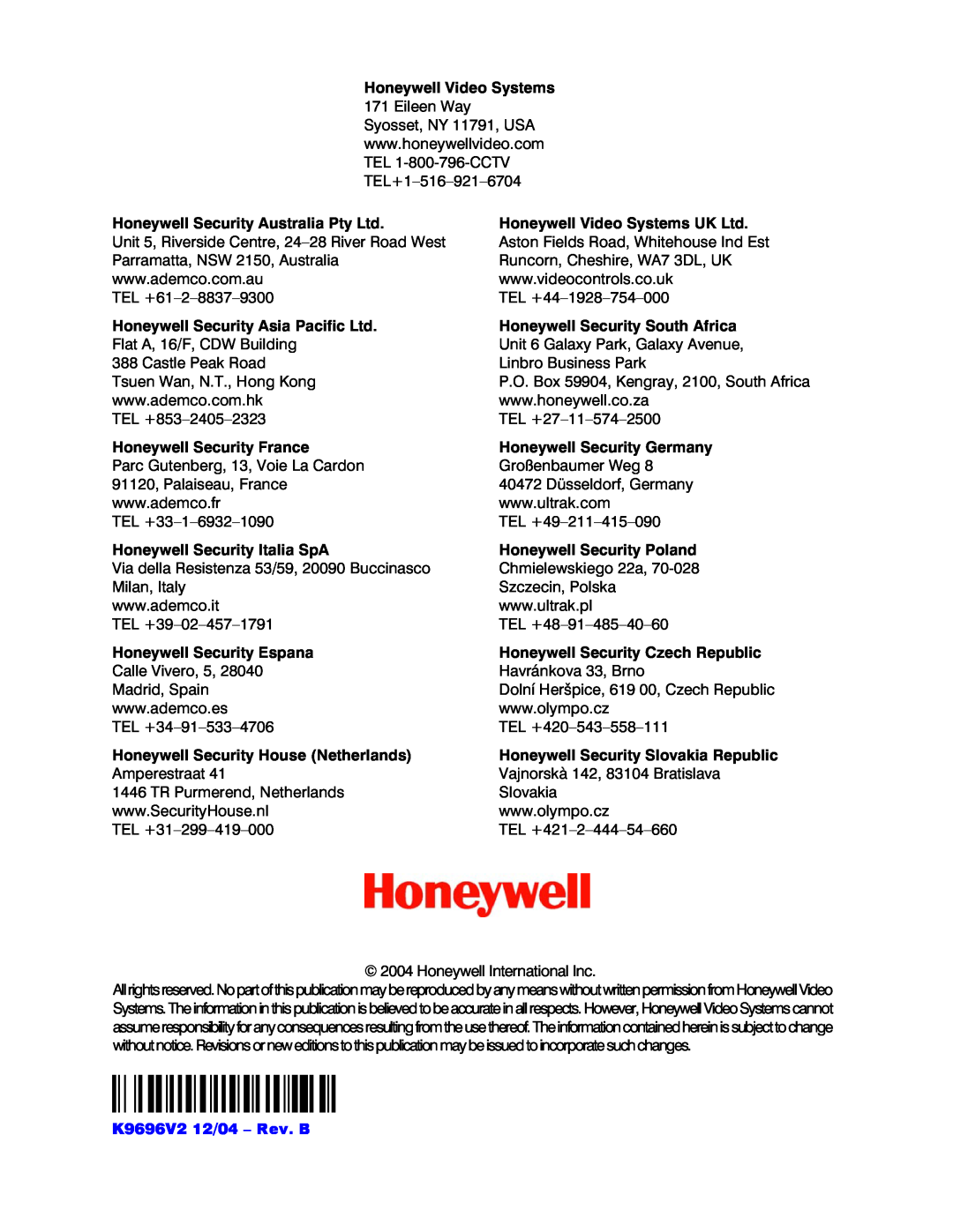 Honeywell K9696V2 Honeywell Security Australia Pty Ltd, Honeywell Security Asia Pacific Ltd, Honeywell Security France 
