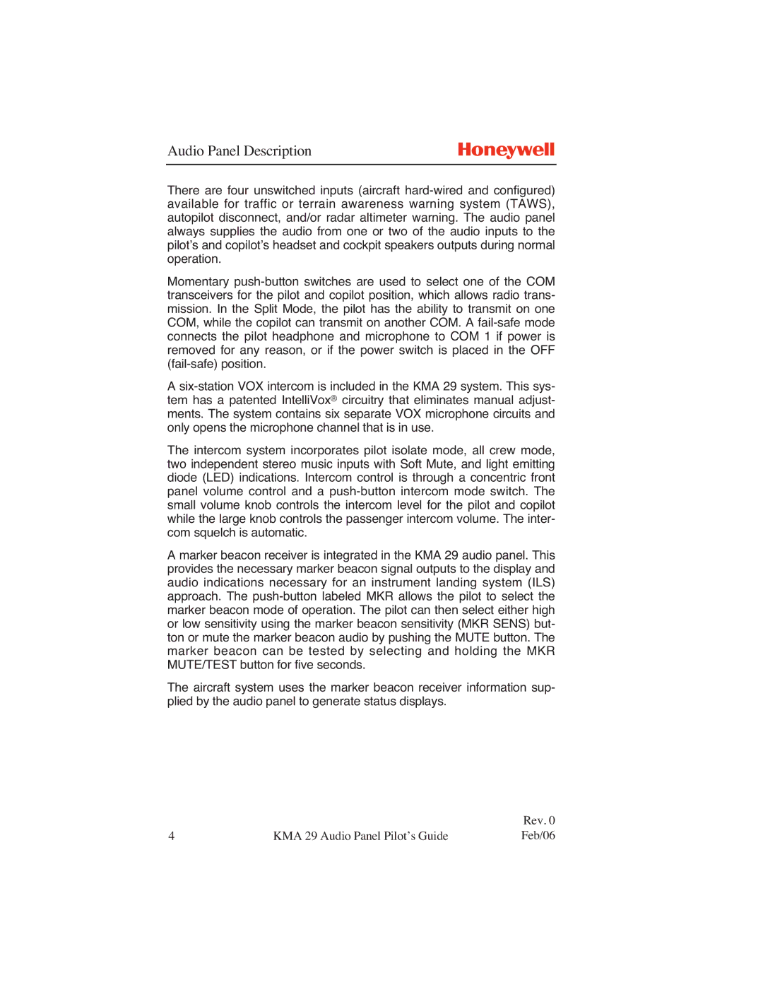 Honeywell KMA 29 manual Audio Panel Description 