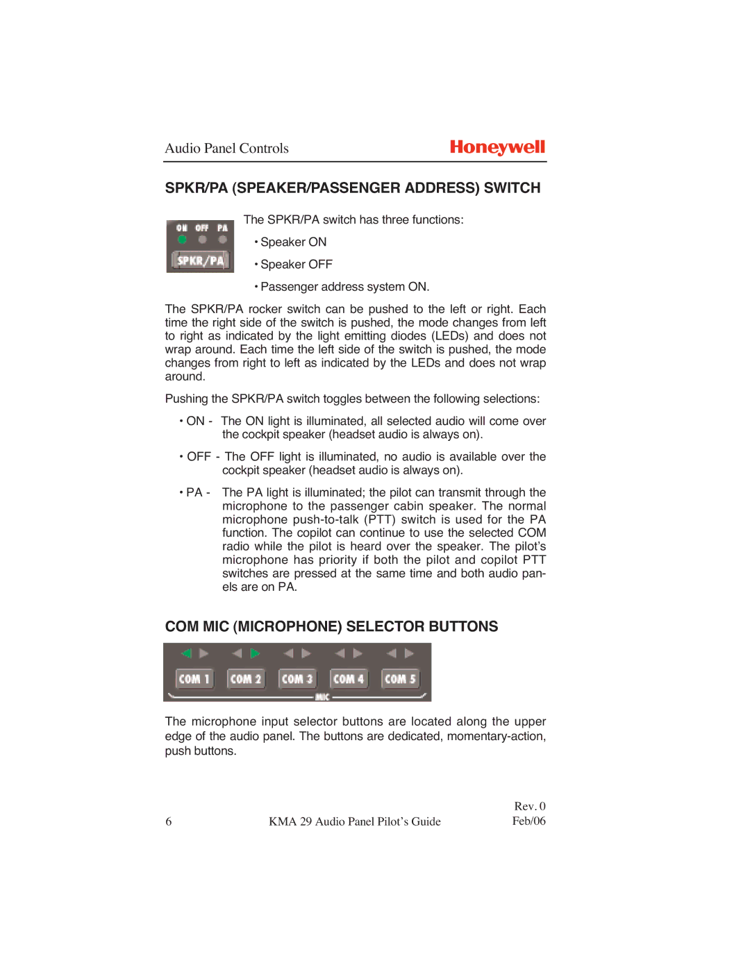 Honeywell KMA 29 manual SPKR/PA SPEAKER/PASSENGER Address Switch, COM MIC Microphone Selector Buttons 