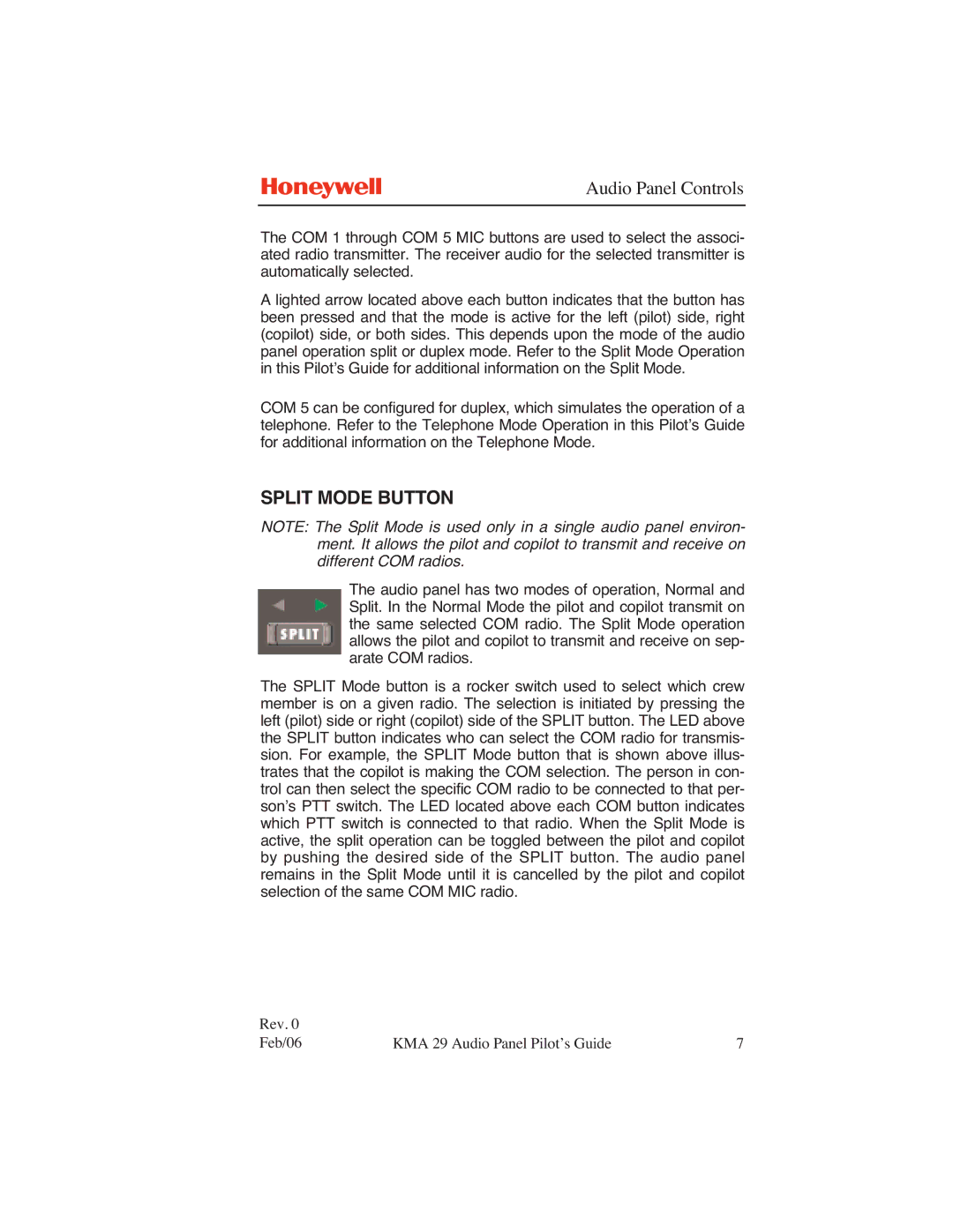 Honeywell KMA 29 manual Split Mode Button 