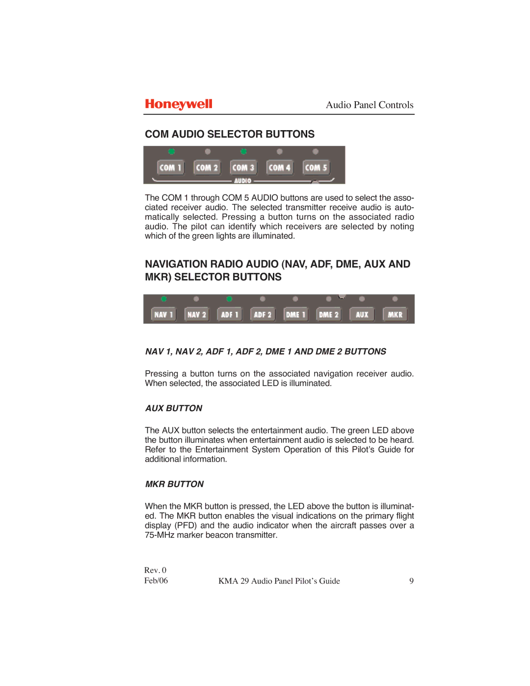 Honeywell KMA 29 manual COM Audio Selector Buttons, NAV 1, NAV 2, ADF 1, ADF 2, DME 1 and DME 2 Buttons 