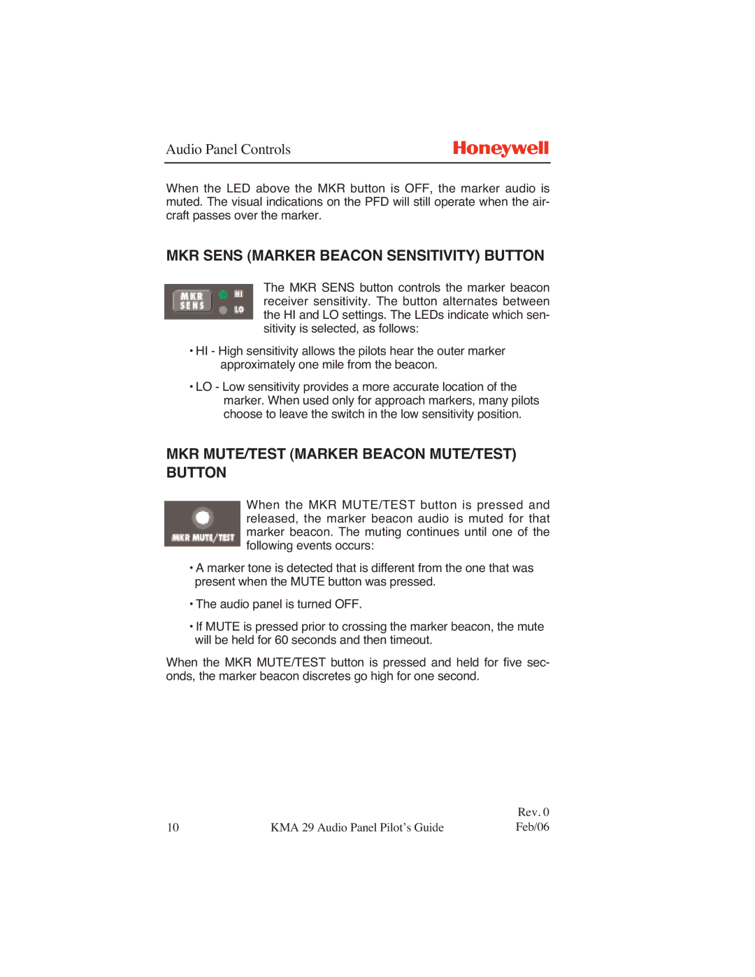 Honeywell KMA 29 manual MKR Sens Marker Beacon Sensitivity Button, MKR MUTE/TEST Marker Beacon MUTE/TEST Button 