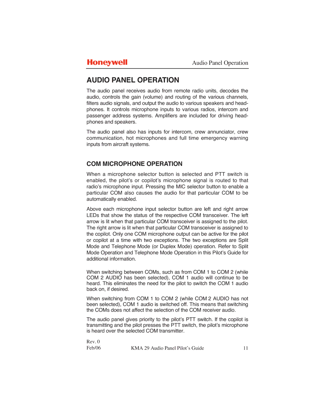 Honeywell KMA 29 manual Audio Panel Operation, COM Microphone Operation 