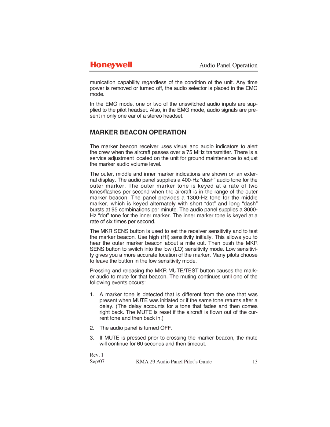 Honeywell KMA 29 manual Marker Beacon Operation 