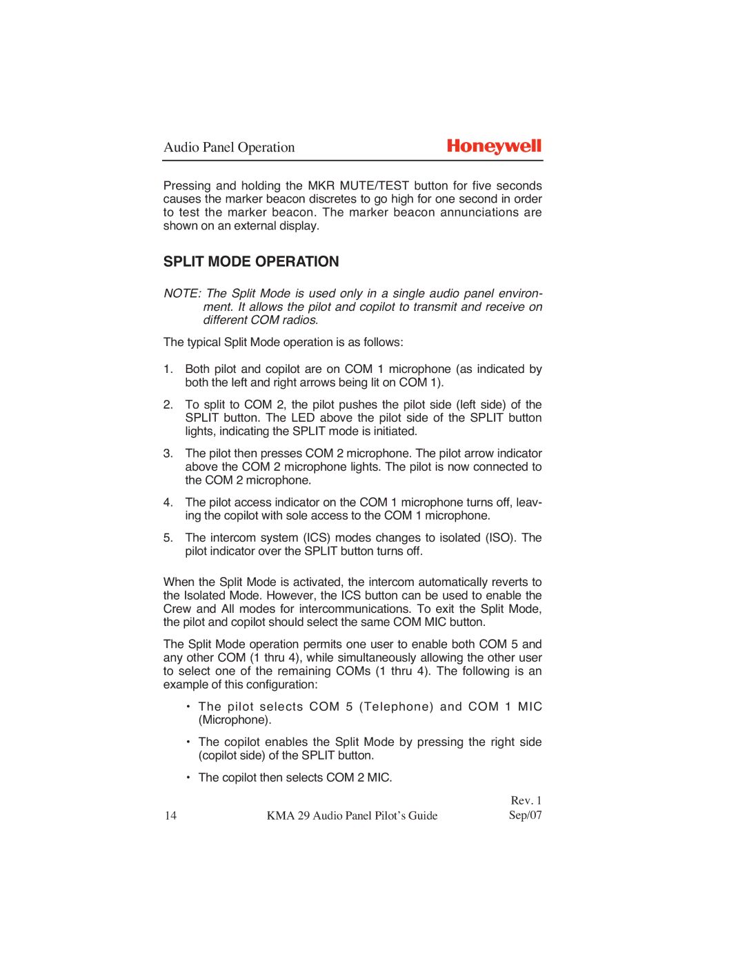 Honeywell KMA 29 manual Split Mode Operation 