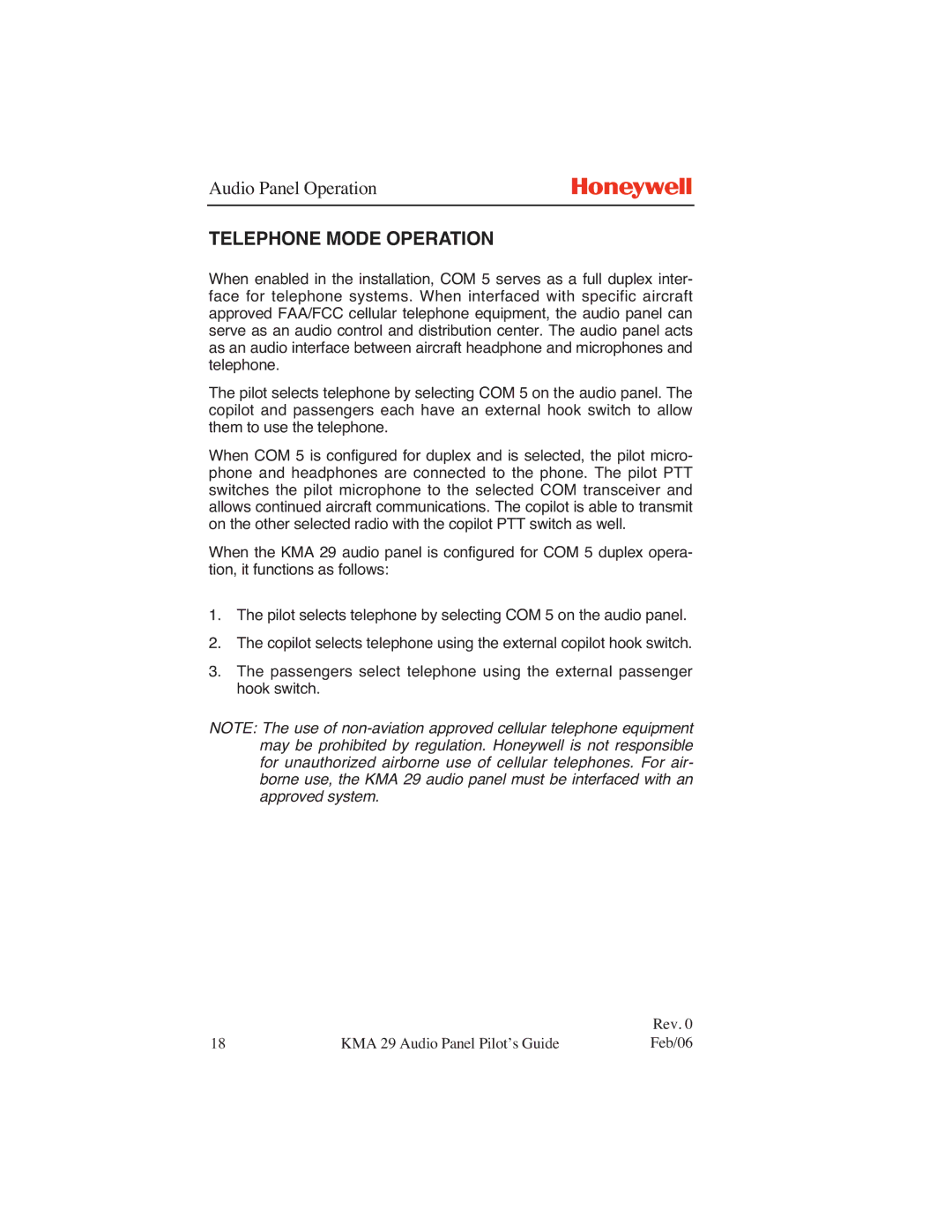 Honeywell KMA 29 manual Telephone Mode Operation 