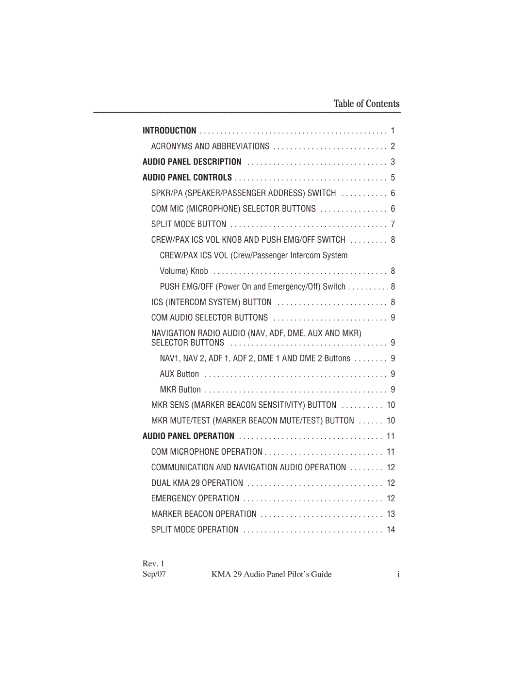 Honeywell KMA 29 manual Table of Contents 