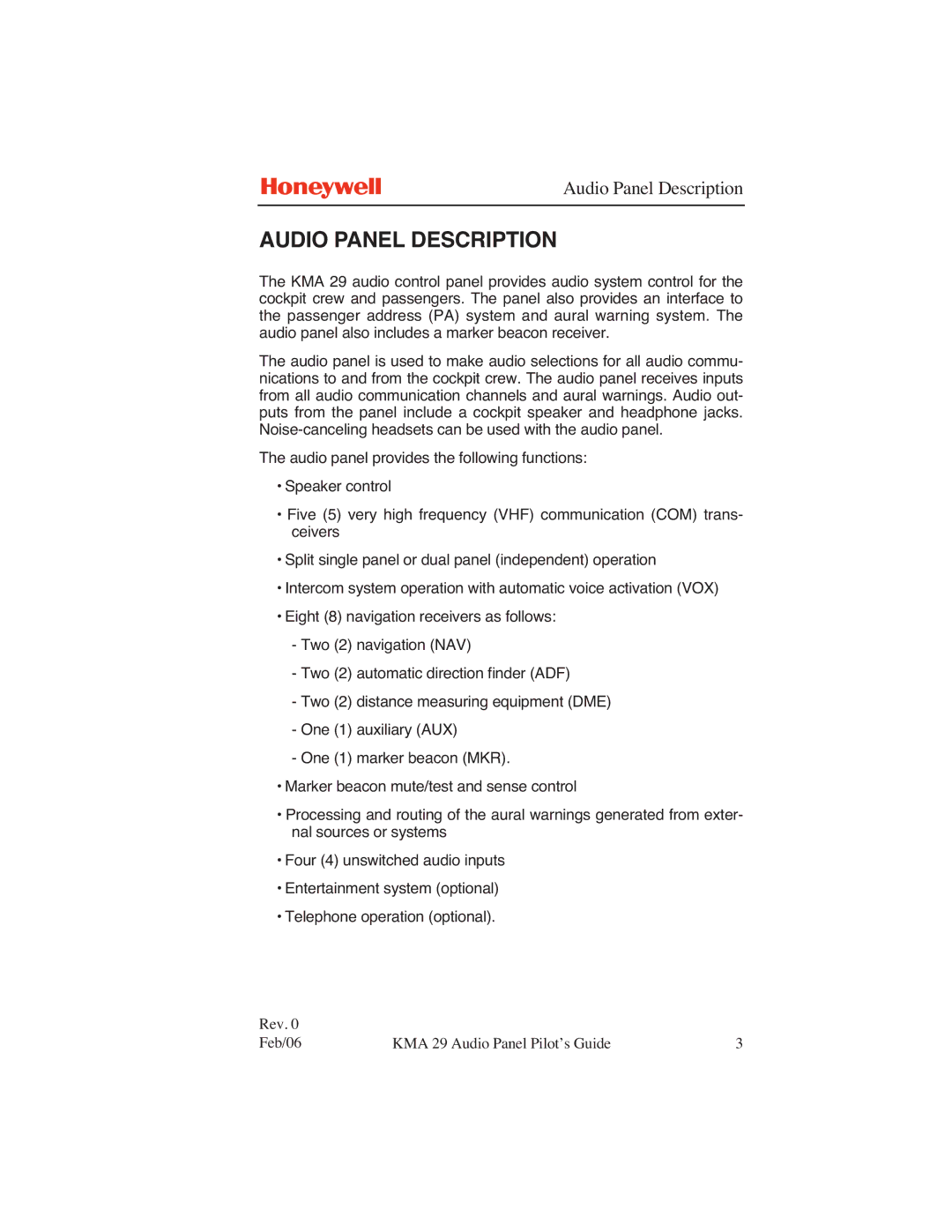 Honeywell KMA 29 manual Audio Panel Description 