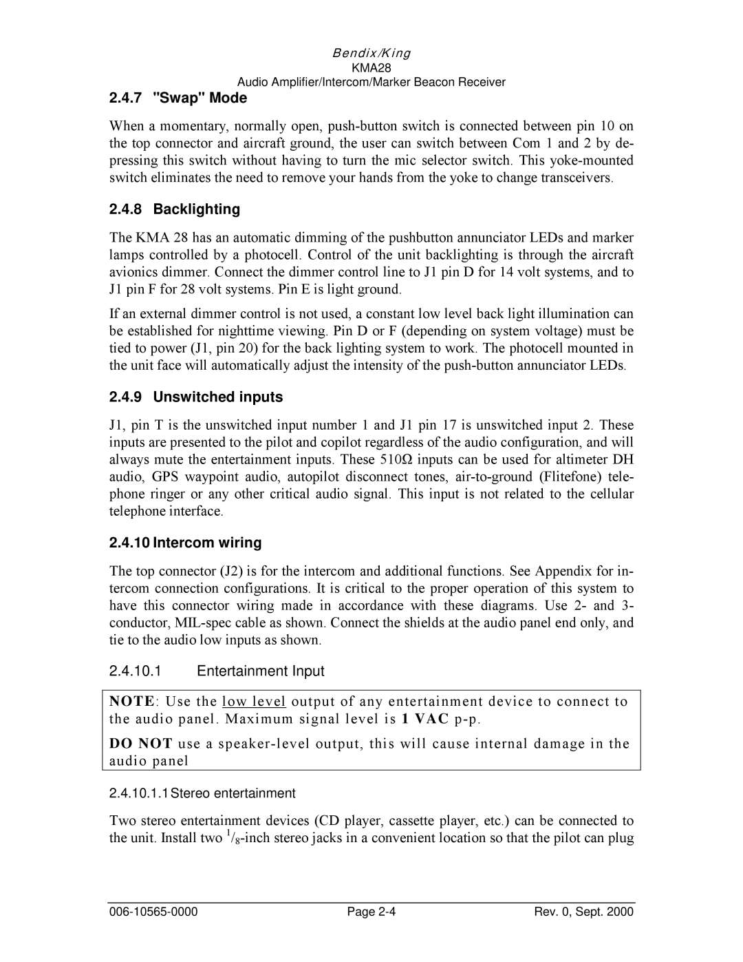 Honeywell KMA28 operation manual Swap Mode, Backlighting, Unswitched inputs, Intercom wiring, Entertainment Input 