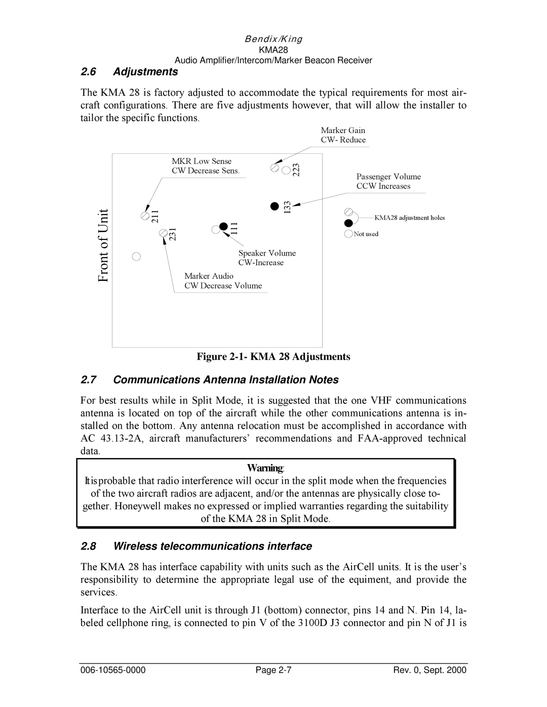 Honeywell KMA28 Adjustments, Communications Antenna Installation Notes, Wireless telecommunications interface 