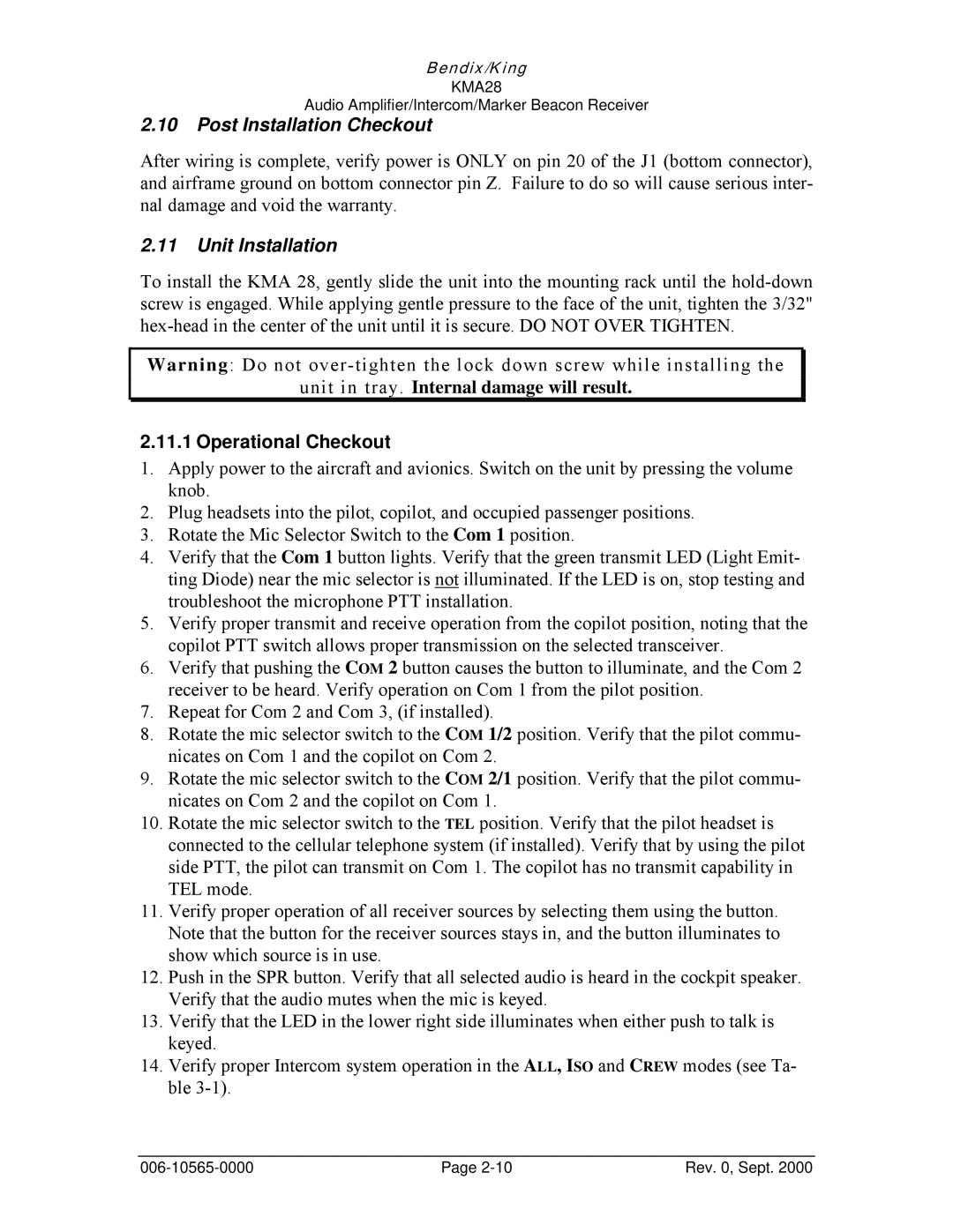 Honeywell KMA28 operation manual Post Installation Checkout, Unit Installation, Operational Checkout 