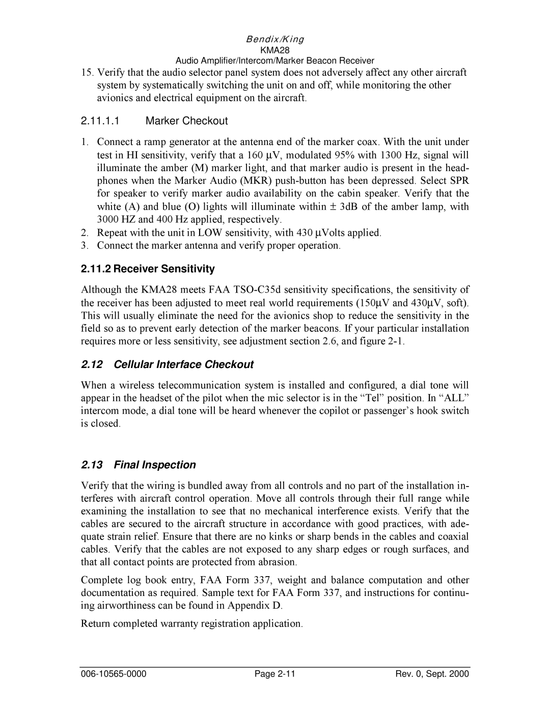 Honeywell KMA28 operation manual Marker Checkout, Receiver Sensitivity, Cellular Interface Checkout, Final Inspection 